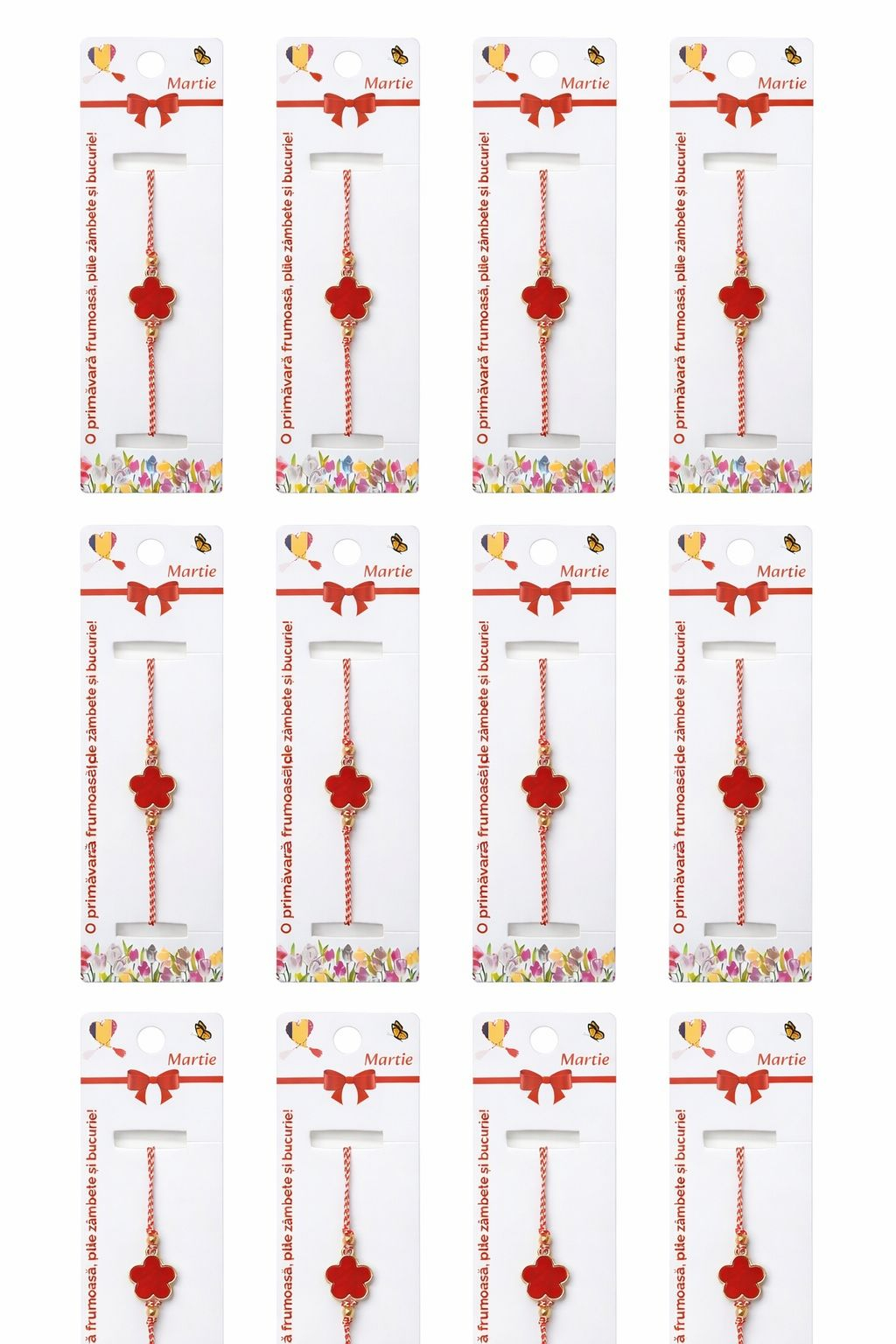 Set 12 bratari martisor cu trifoi stilizat rosu, snur rosu alb, ambalate individual [4]
