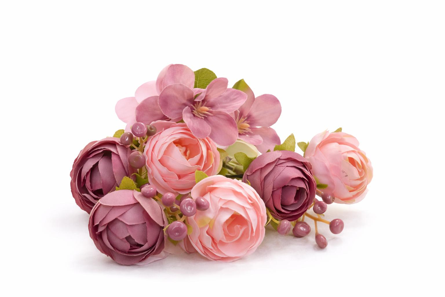 Buchet artificial roz cu accente mov, trandafiri si camelie pe fir unic 30 cm [2]