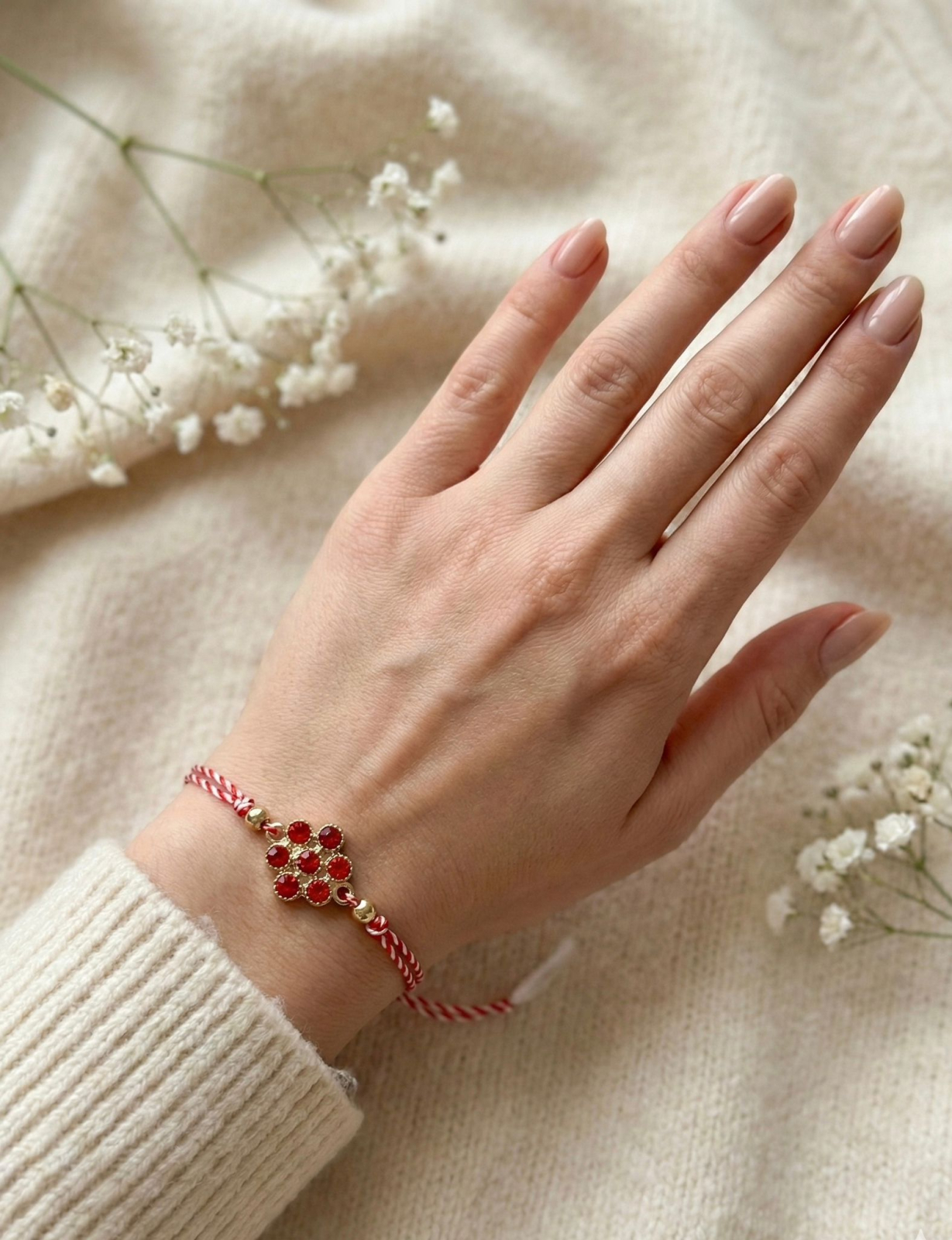 Set 12 bratari martisor cu floare rosie din cristale, snur reglabil alb-rosu [2]