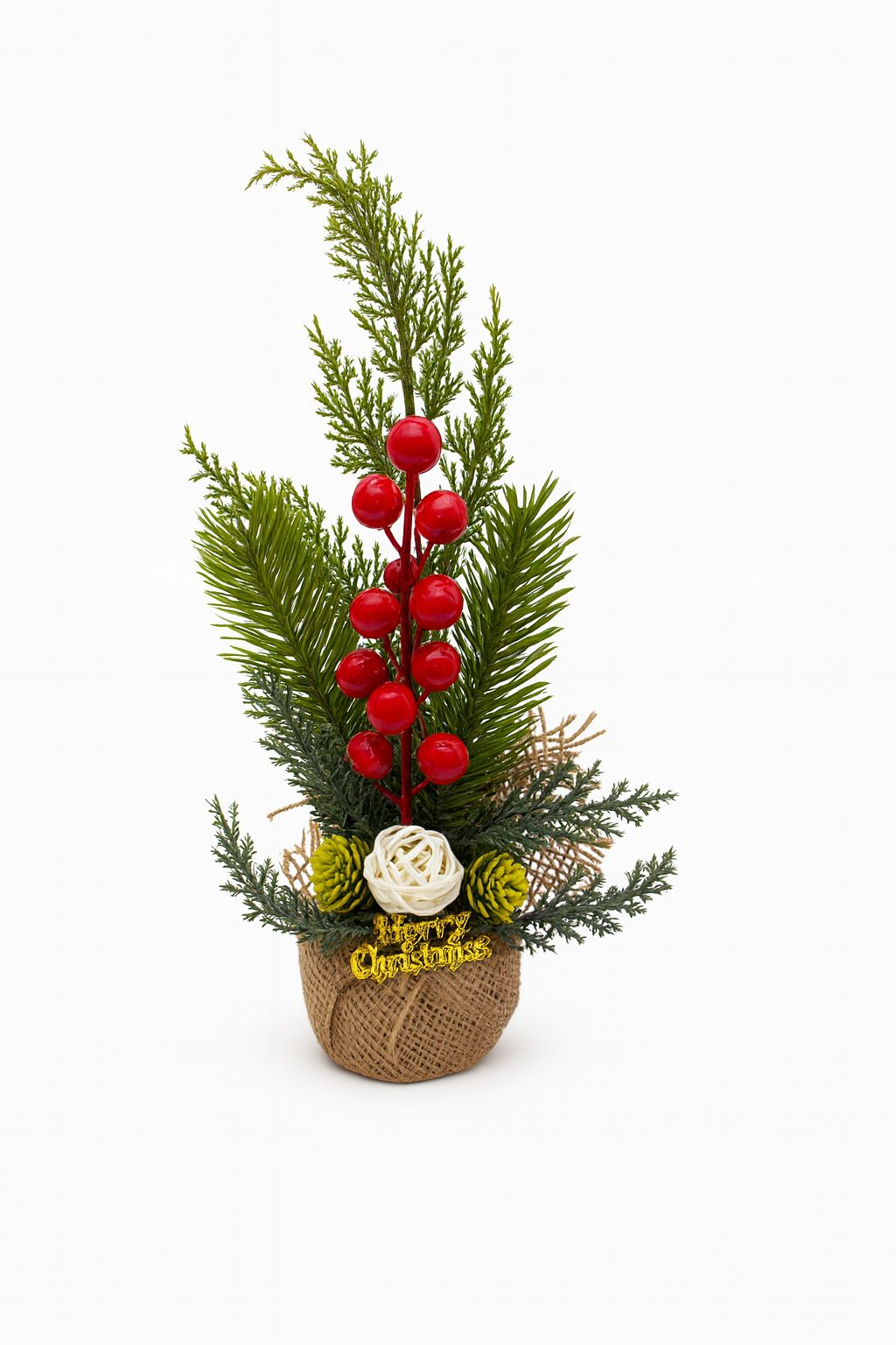 Decoratiune brad artificial de masa cu bobite rosii si mesaj Merry Christmas, 30 cm