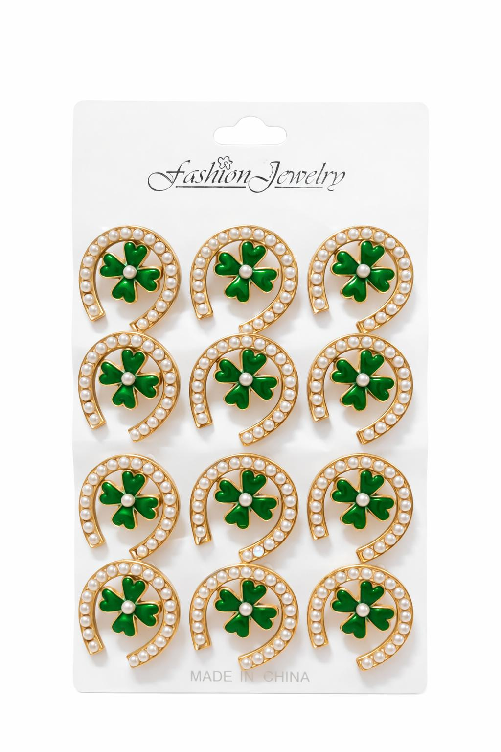 Set 12 brose martisor potcoava aurie cu trifoi verde 15x9cm