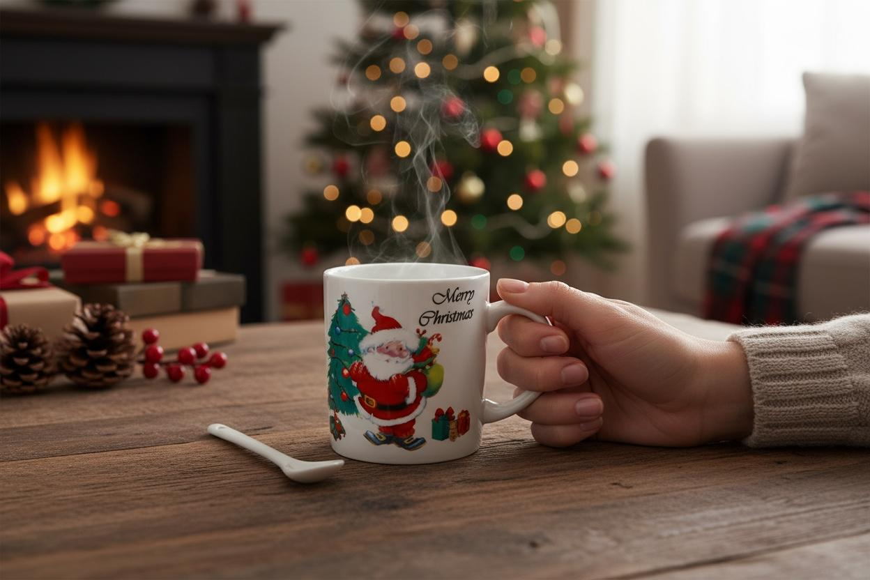 Set Cana Ceramica cu Lingurita, Tematica de Craciun, în Cutie Cadou – 14x14x8.5cm [2]