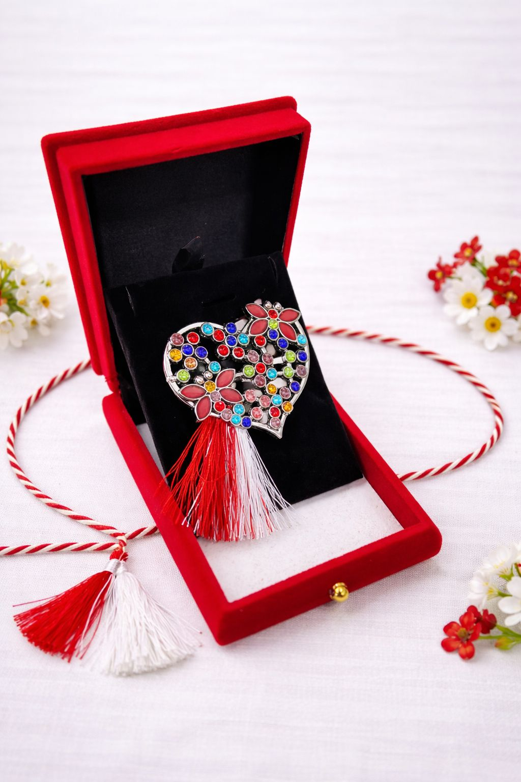 Brosa martisor inima argintie cu strasuri in cutie catifea premium 8.5cm [1]