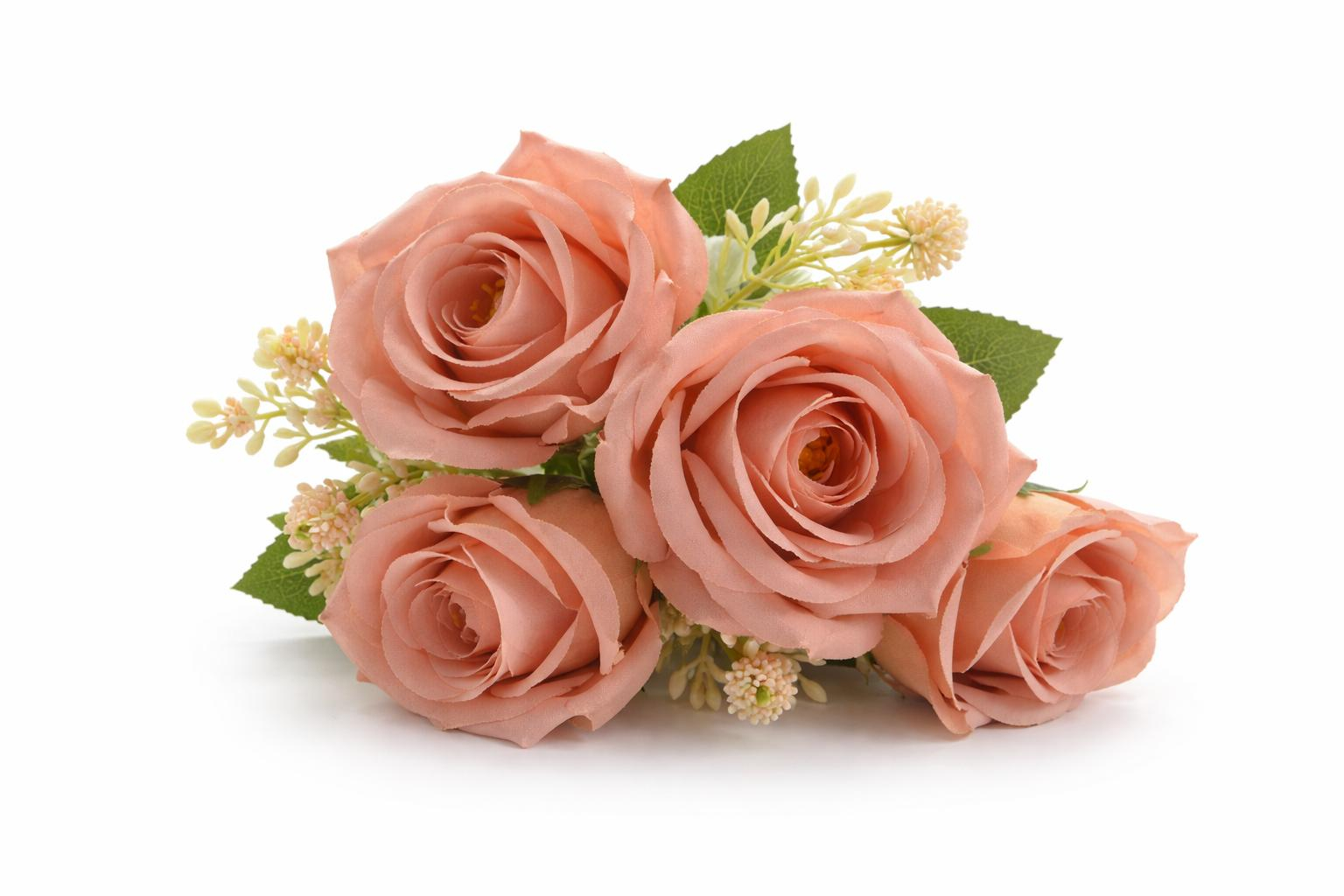 Buchet 5 trandafiri artificiali caramiziu cu frunze si boboci decorativi 30cm [2]