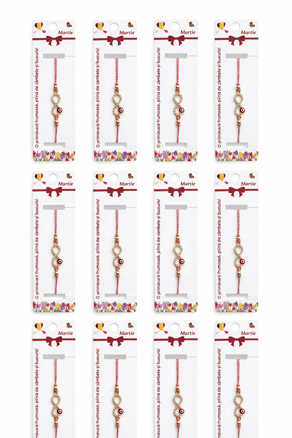 Set 12 bratari martisor cu simbol infinit si ochi norocos, snur reglabil rosu-alb [4]
