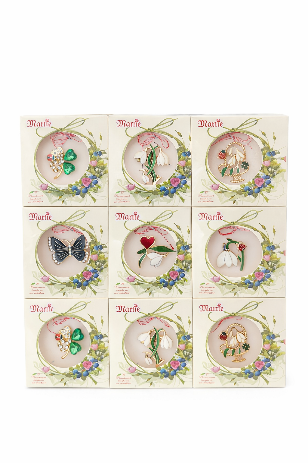 Set 24 Martisoare Tip Brosa cu Snur Alb-Rosu, Ambalaj Cadou Martisor 9x2x8 cm