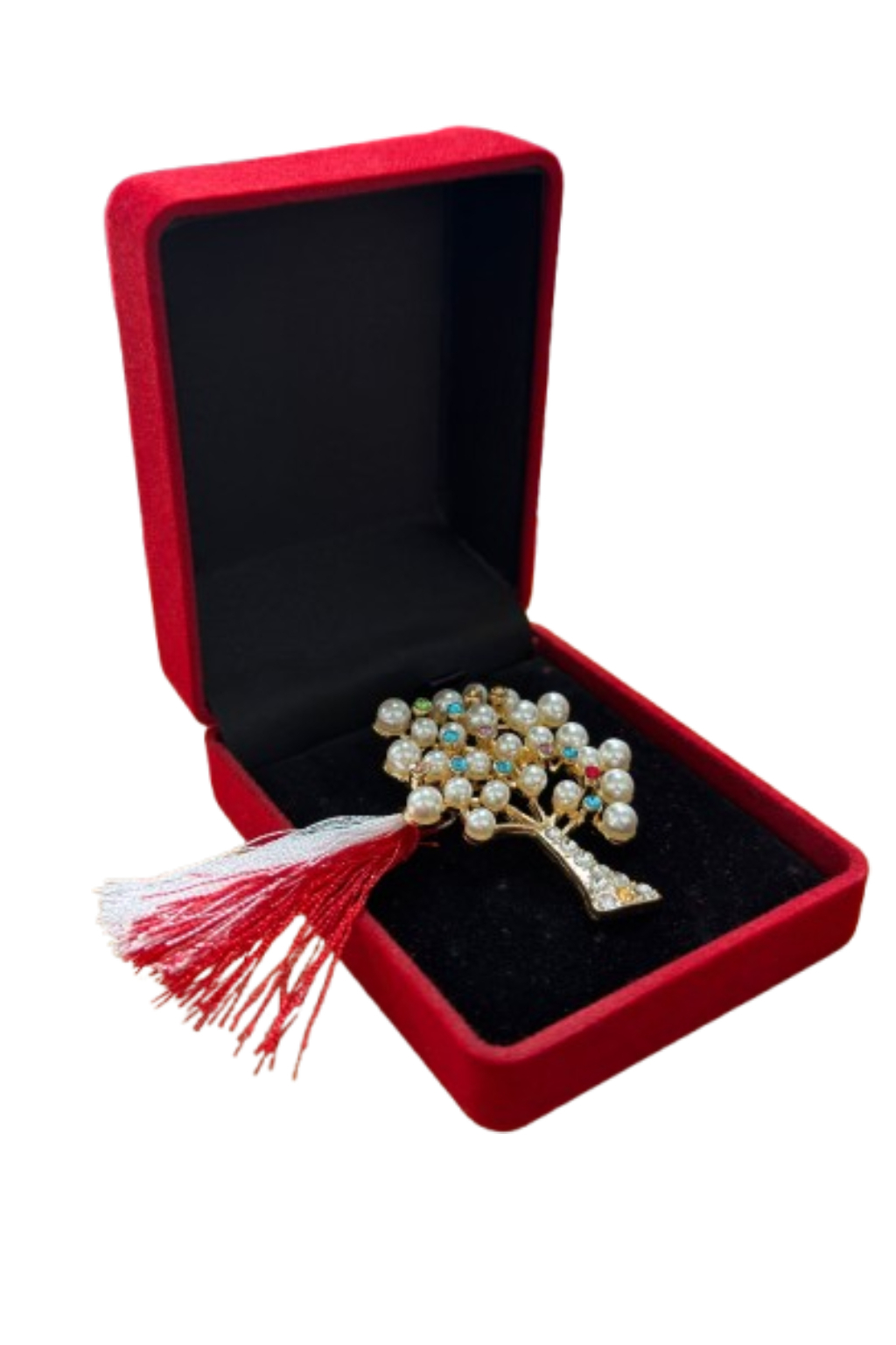 Brosa Copac Martisor cu Perle si Strasuri Colorate in Cutie de Catifea [0]