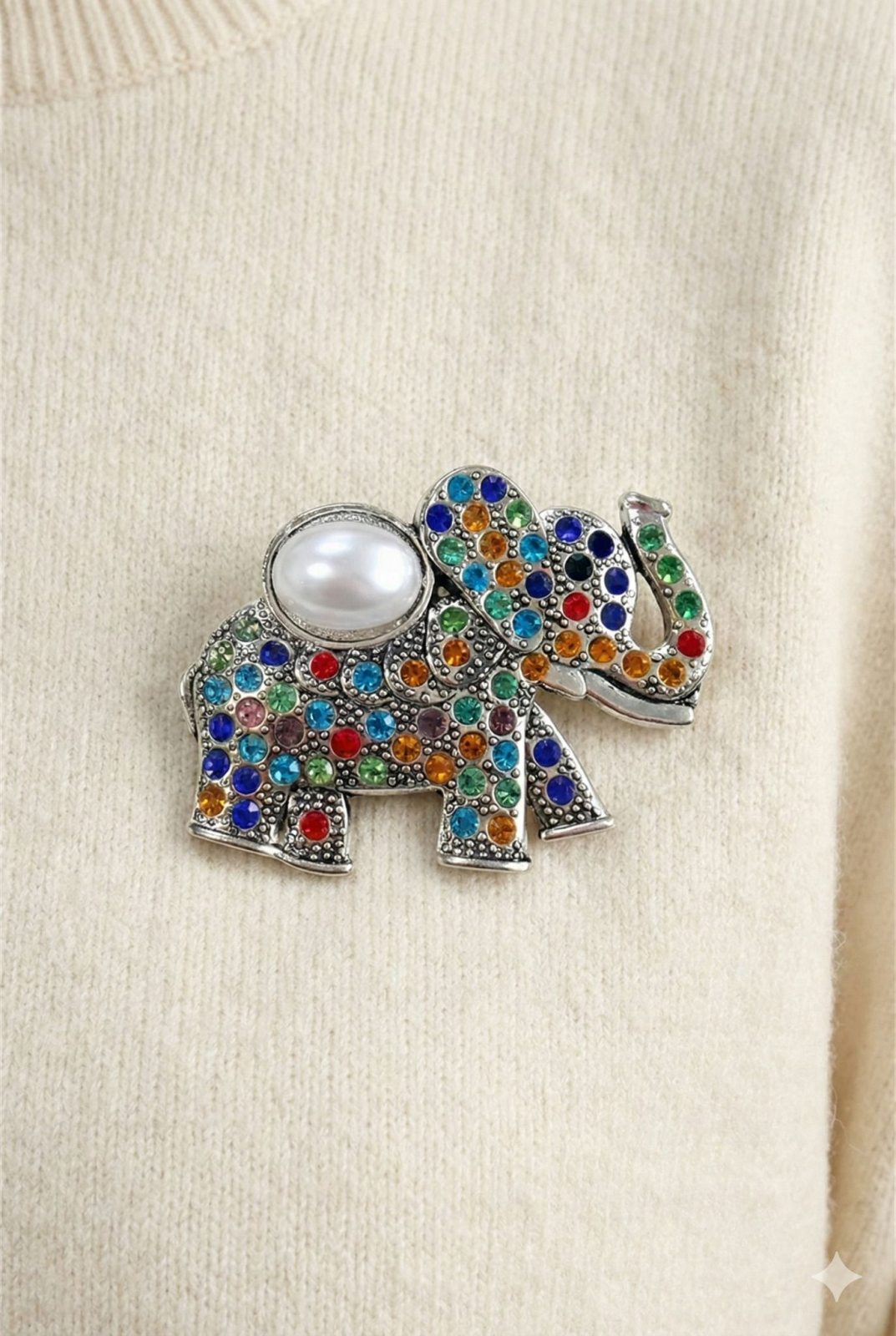 Brosa Elefant Norocos Multicolora Perla Cristale 5x4cm Auriu/Argintiu [1]