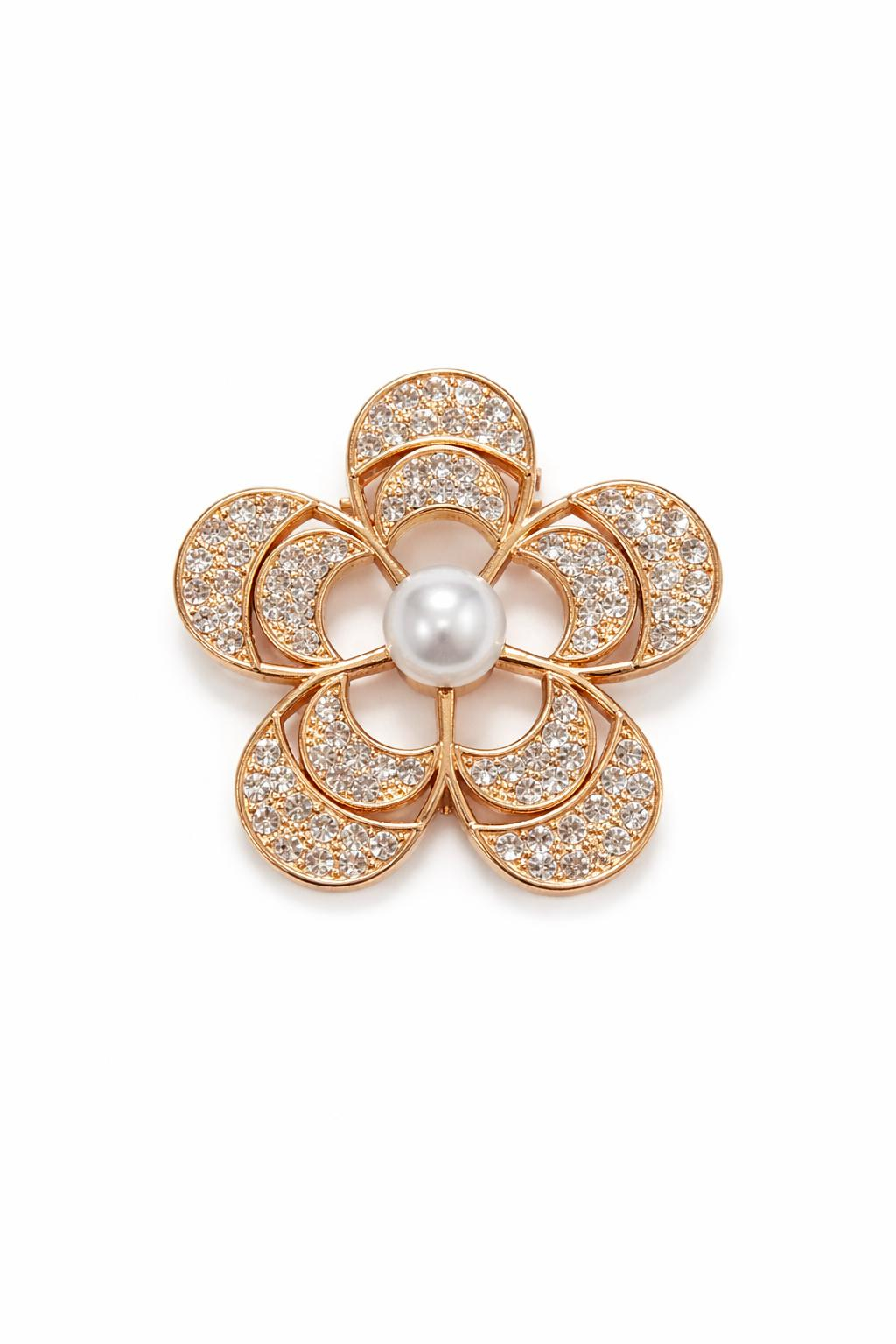 Brosa floare 5x5 cm, finisaj auriu cu perla si pietre, cadou primavara elegant