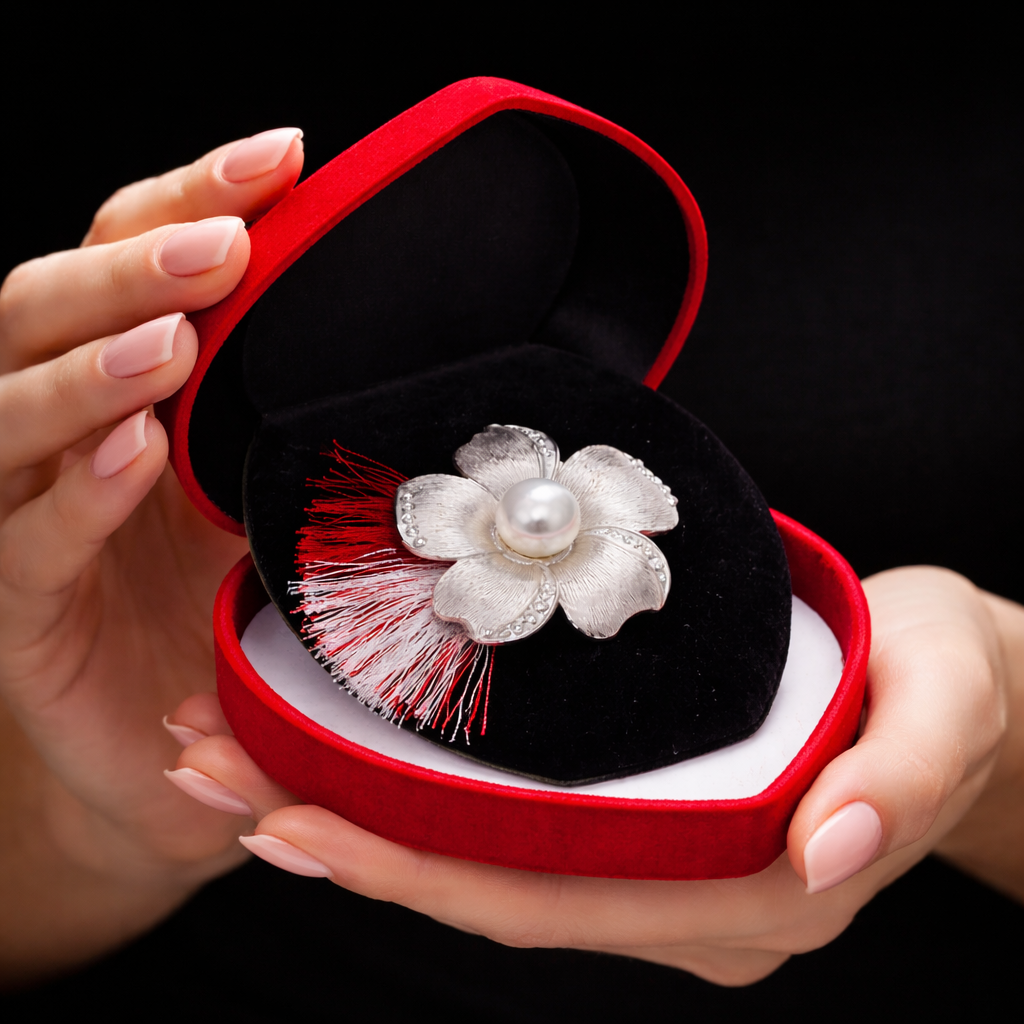 Brosa Martisor Floare cu Perla si Strasuri Argintii [2]