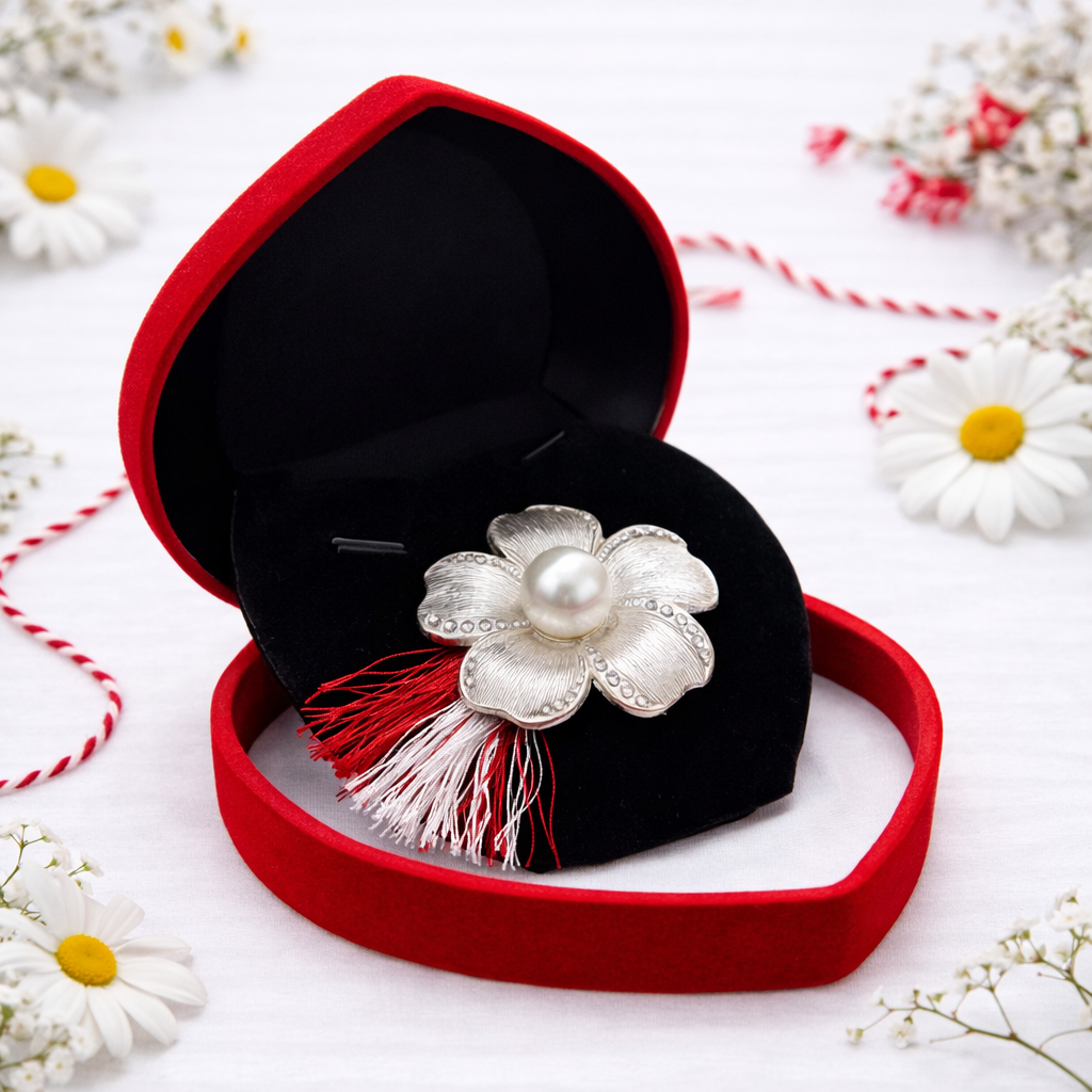 Brosa Martisor Floare cu Perla si Strasuri Argintii [1]