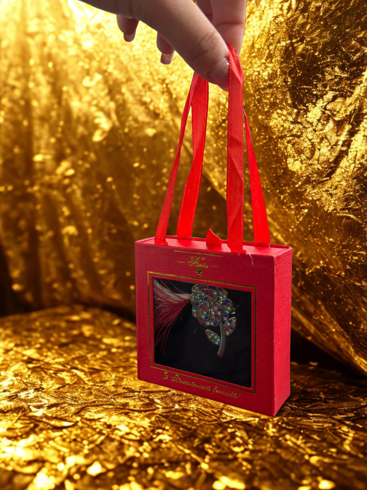 Brosa Floare Martisor cu Strasuri Multicolore in Cutie Cadou Eleganta [2]