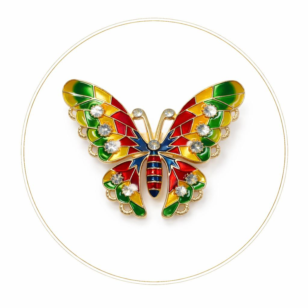 Brosa fluture 5x5 cm, finisaj auriu cu pietre sau email colorat, cadou primavara elegant [2]