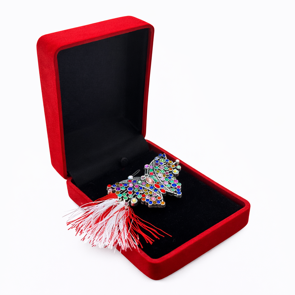 Brosa Fluture Martisor cu Pietre Multicolore si Snur Alb-Rosu Cutie catifea [0]