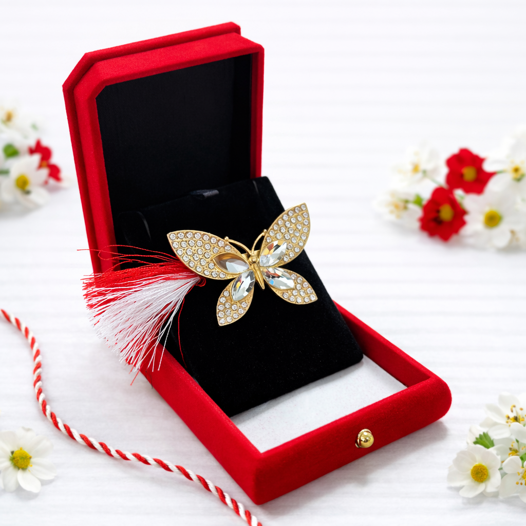 Brosa Fluture Martisor cu Strasuri Argintii in Cutie de Catifea [1]