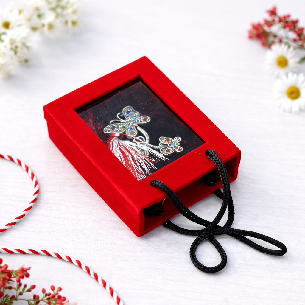 Brosa Fluture Martisor cu Strasuri Multicolore si Snur in Cutie Eleganta [1]