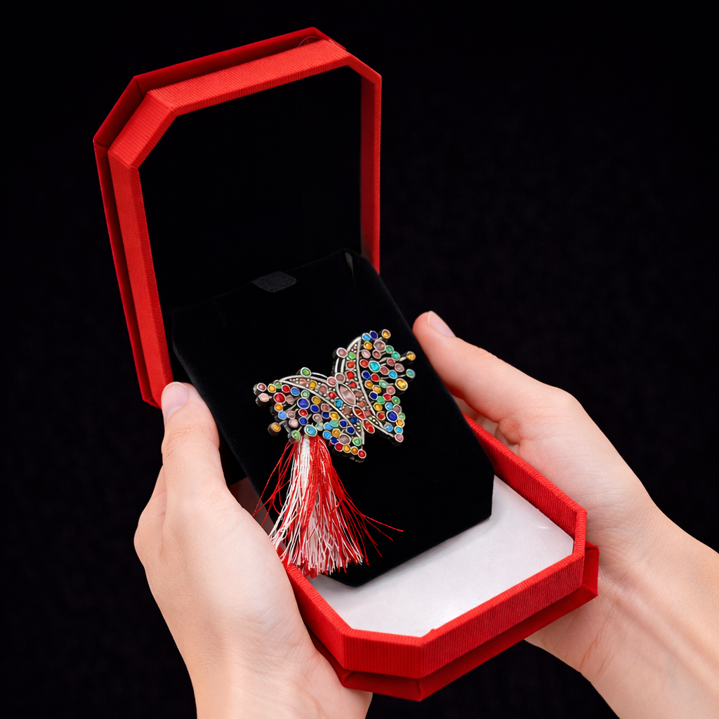 Brosa Fluture Martisor cu Pietre Multicolore si Snur Alb-Rosu [2]