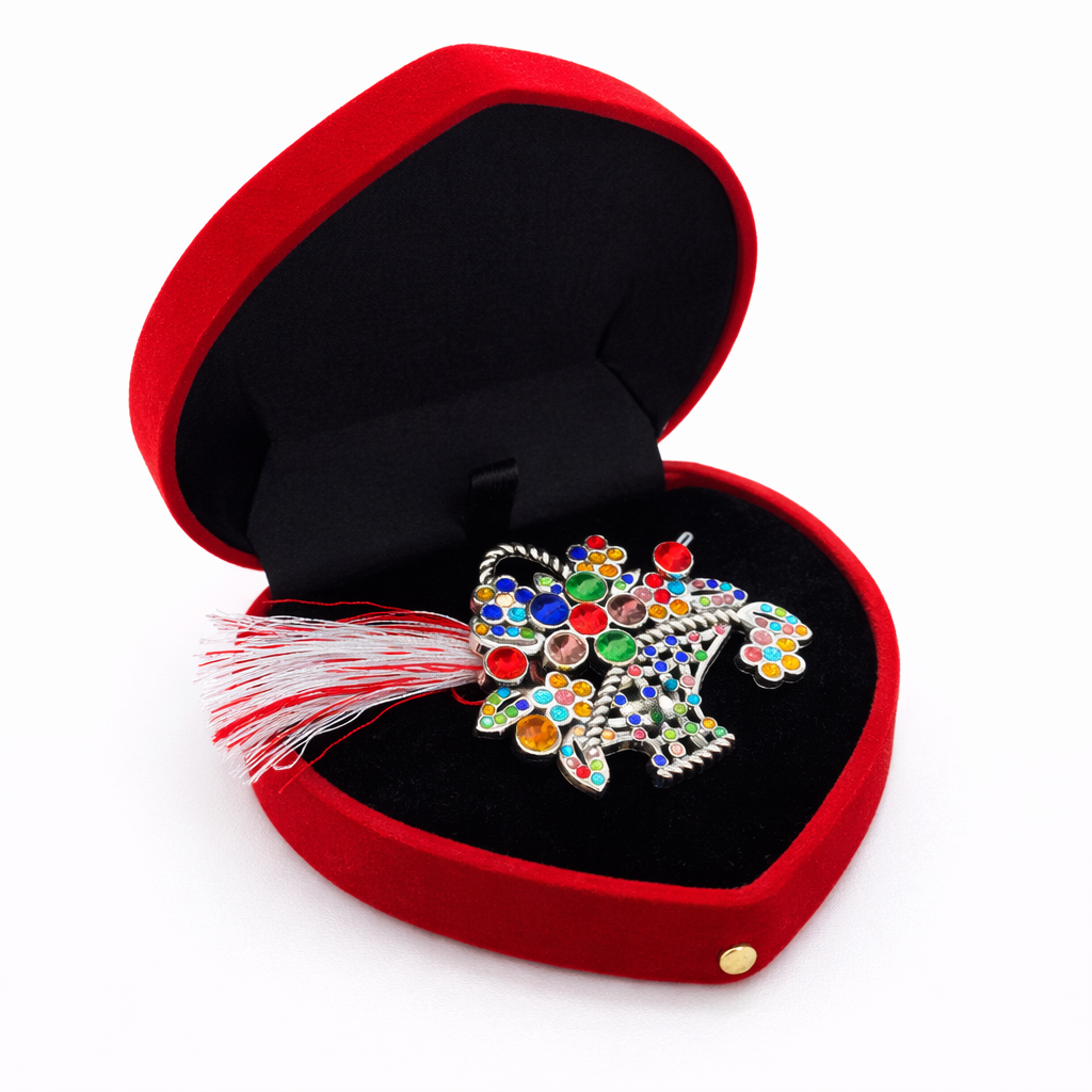 Brosa Cosulet cu pietre multicolore si snur alb-rosu in cutie cadou [0]