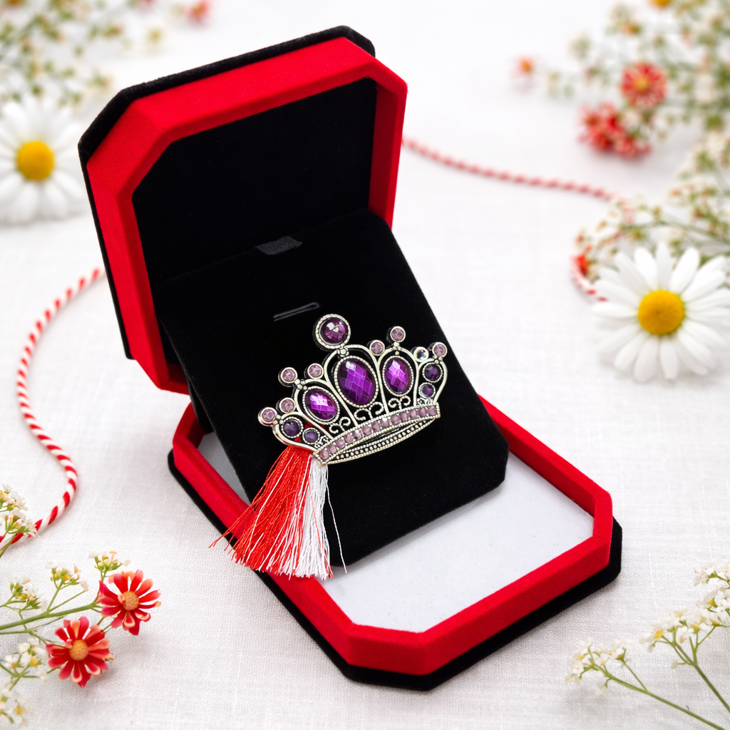 Brosa Tiara Martisor cu Strasuri Mov in Cutie de Catifea [1]