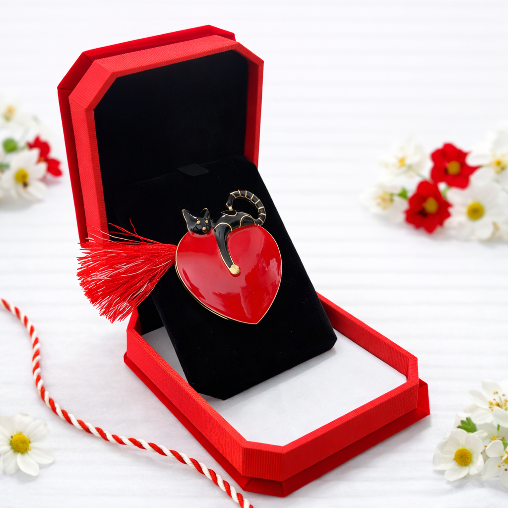 Brosa Inima Rosie Martisor cu Strasuri Negre in Cutie Luxury [1]