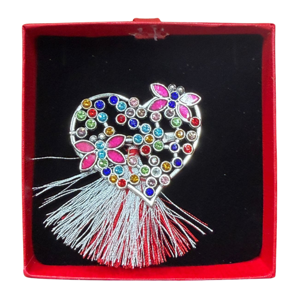 Brosa Inima Martisor cu Strasuri Multicolore si Flori Roz in Cutie Cadou [1]