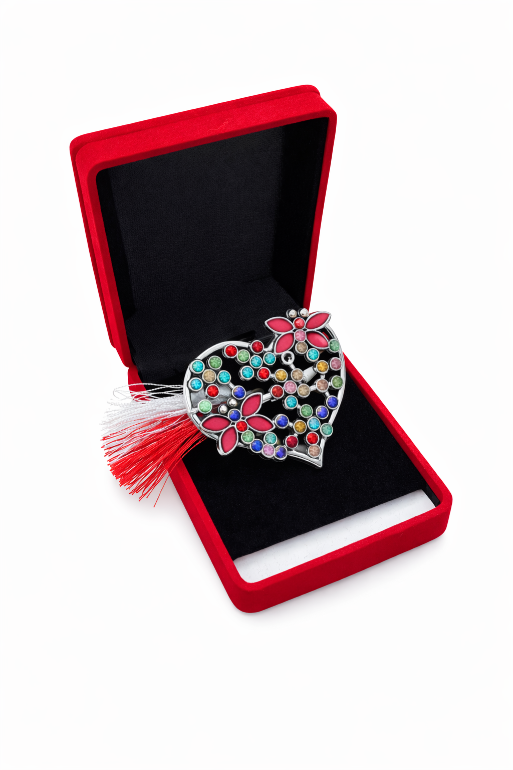 Brosa Inima Martisor cu Strasuri Multicolore si Fluturi Roz in Cutie de Catifea [2]