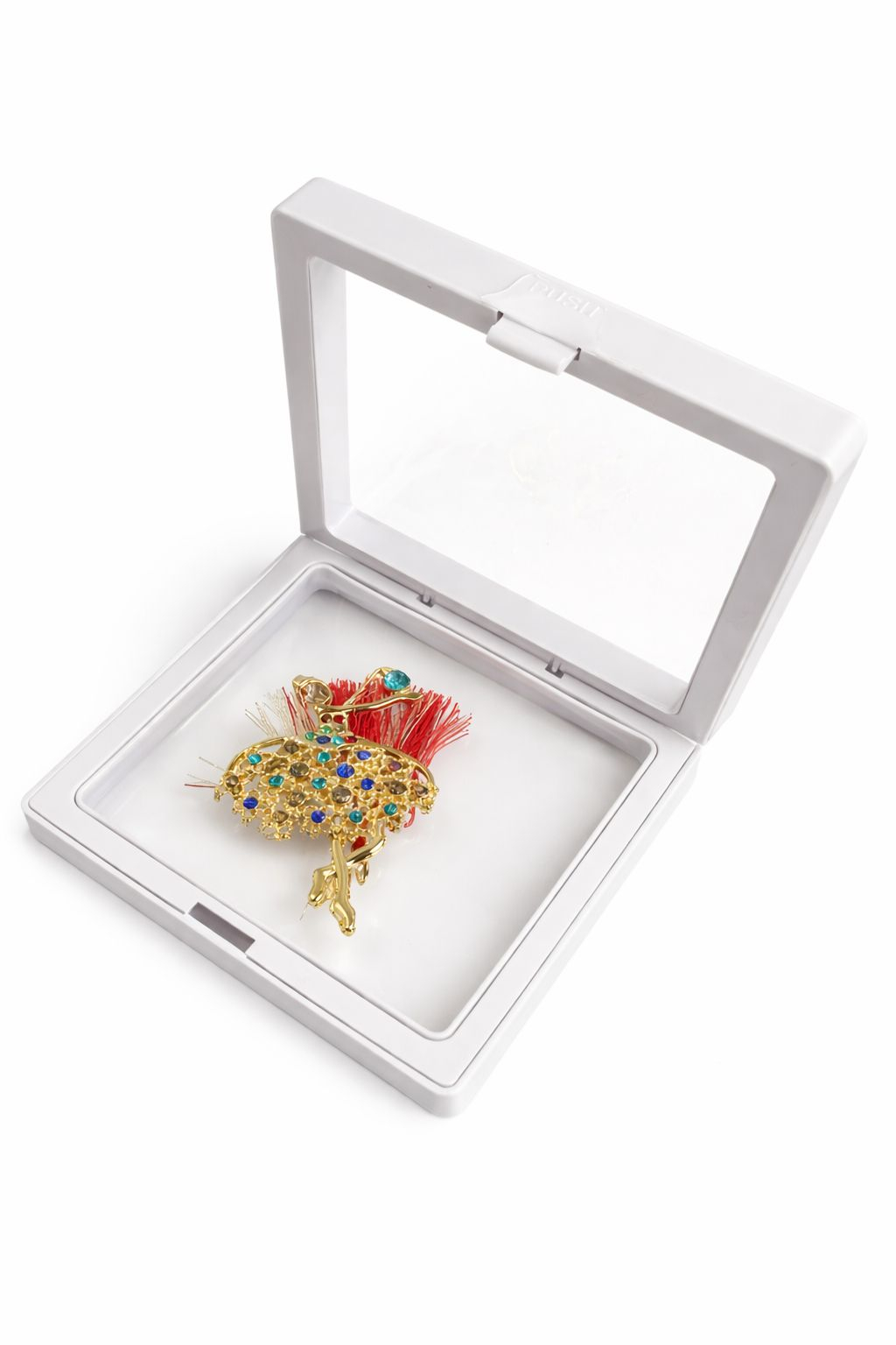 Brosa Martisor 5 cm, Balerina cu cristale, in cutie 9x9 cm cu fereastra, cadou 1 Martie [1]