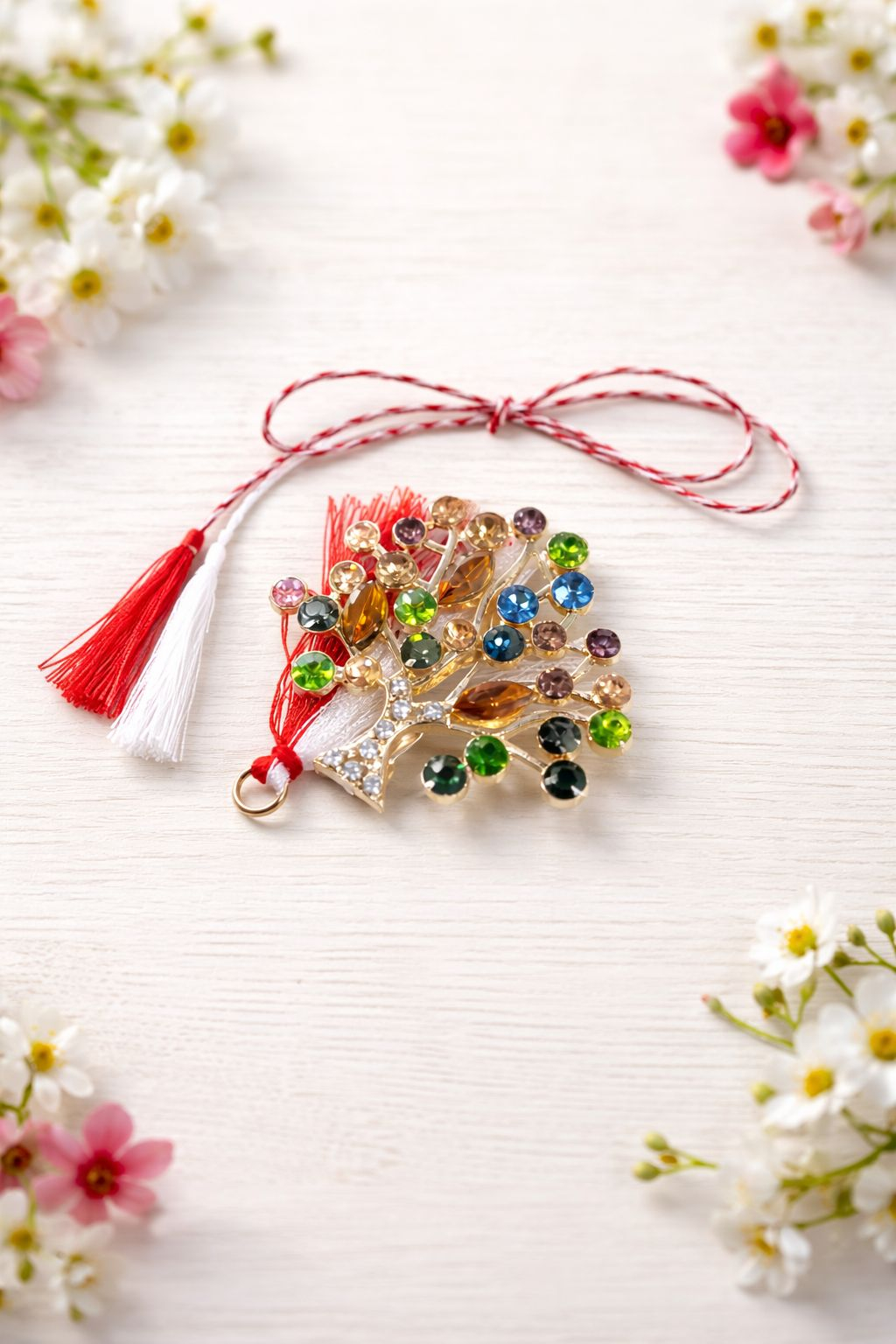 Brosa Martisor 5 cm, Copac cu cristale, in cutie 9x9 cm cu fereastra, cadou 1 Martie