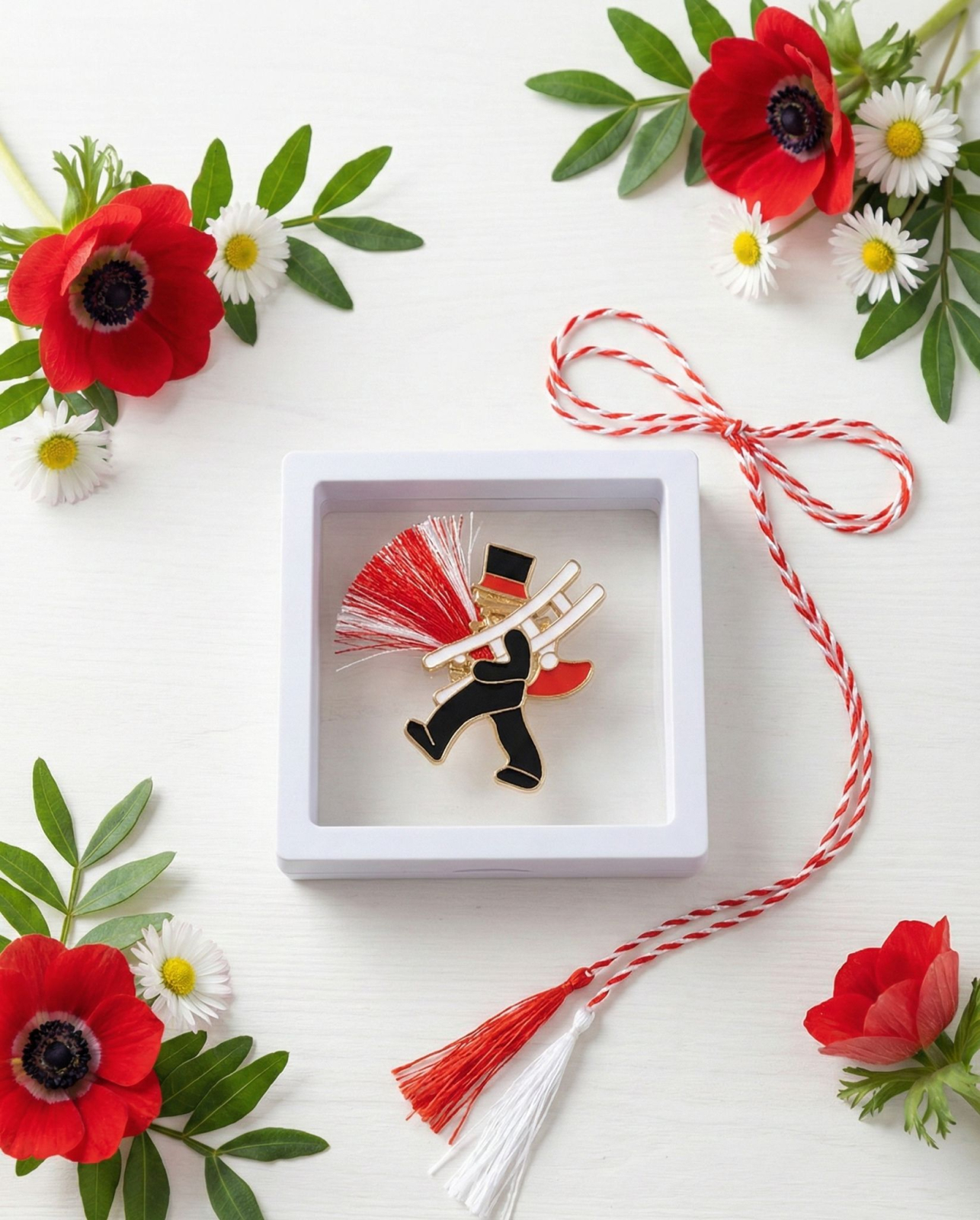 Brosa Martisor 5 cm, Cosar cu scara, in cutie 9x9 cm cu fereastra, cadou 1 Martie