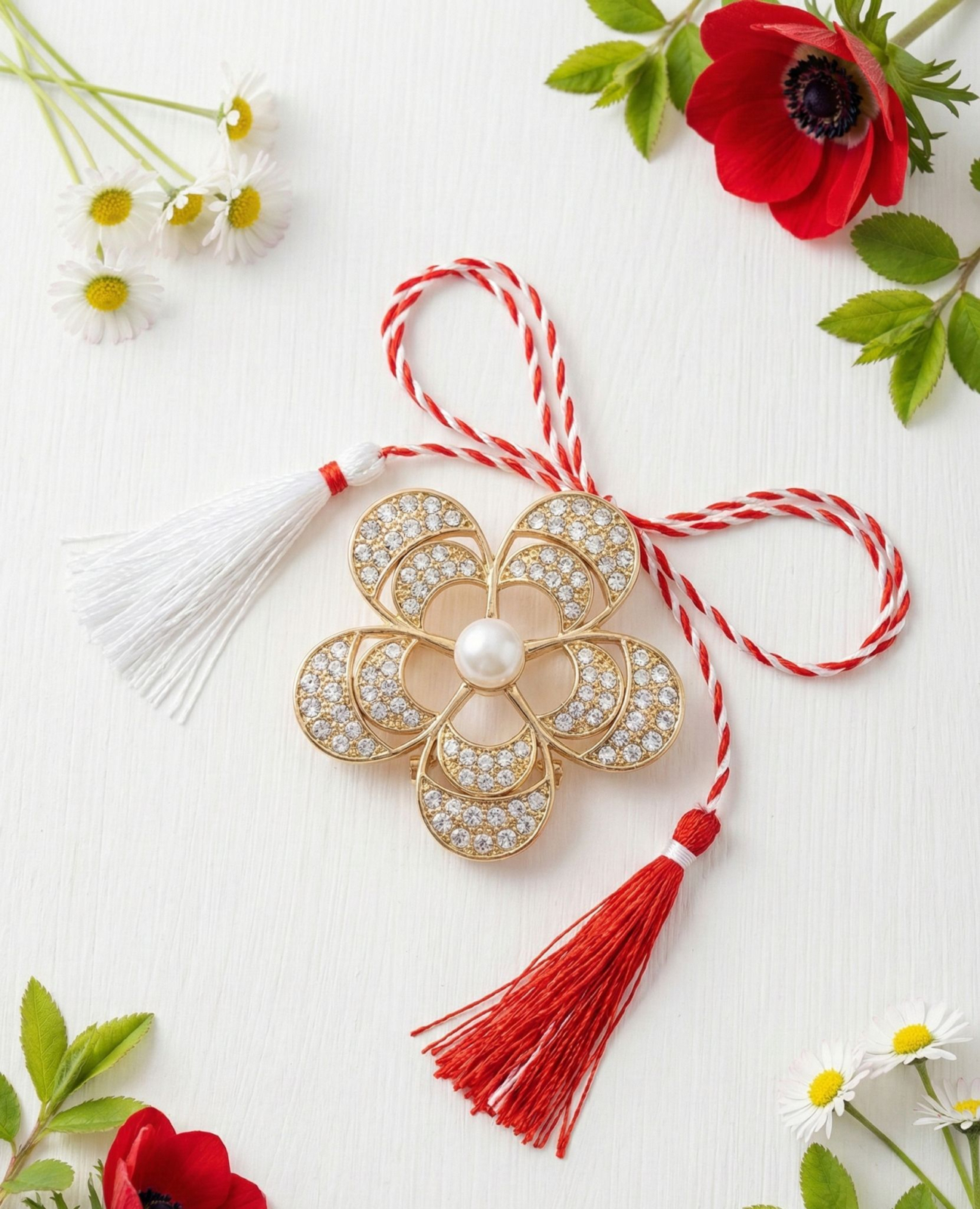 Brosa Martisor 5 cm, Floare aurie cu cristale, in cutie 9x9 cm cu fereastra, cadou 1 Martie [2]