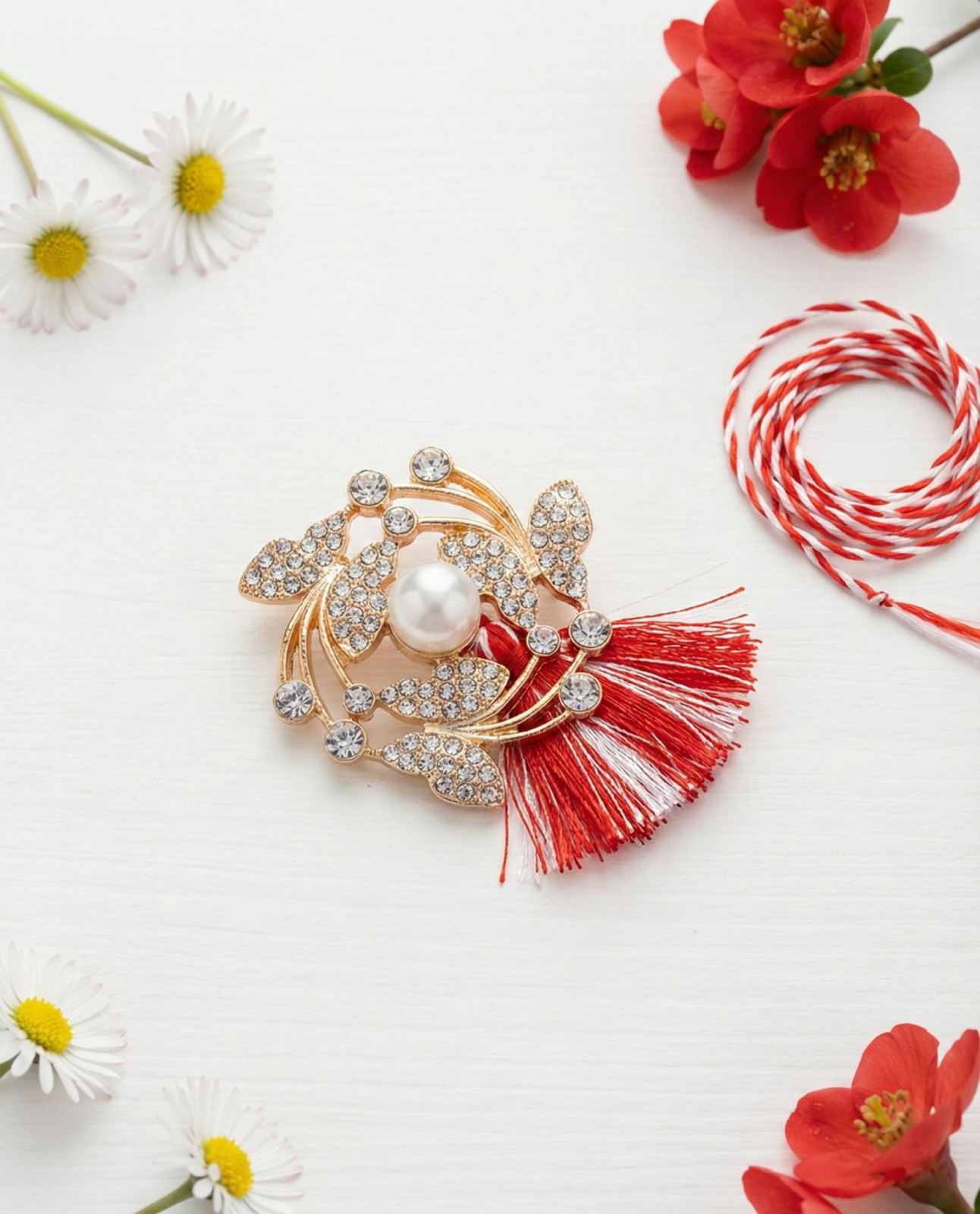 Brosa Martisor 5 cm, Floare cu cristale, in cutie 9x9 cm cu fereastra, cadou 1 Martie [1]