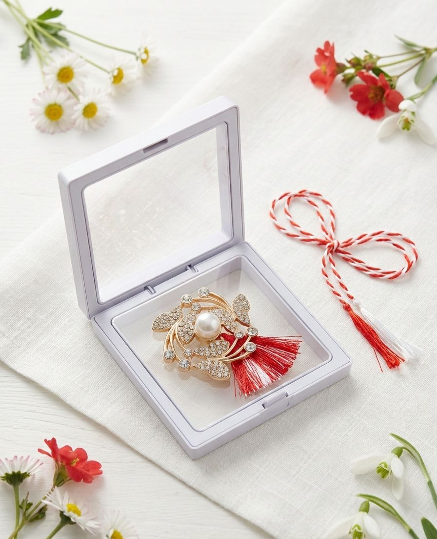 Brosa Martisor 5 cm, Floare cu cristale, in cutie 9x9 cm cu fereastra, cadou 1 Martie [2]