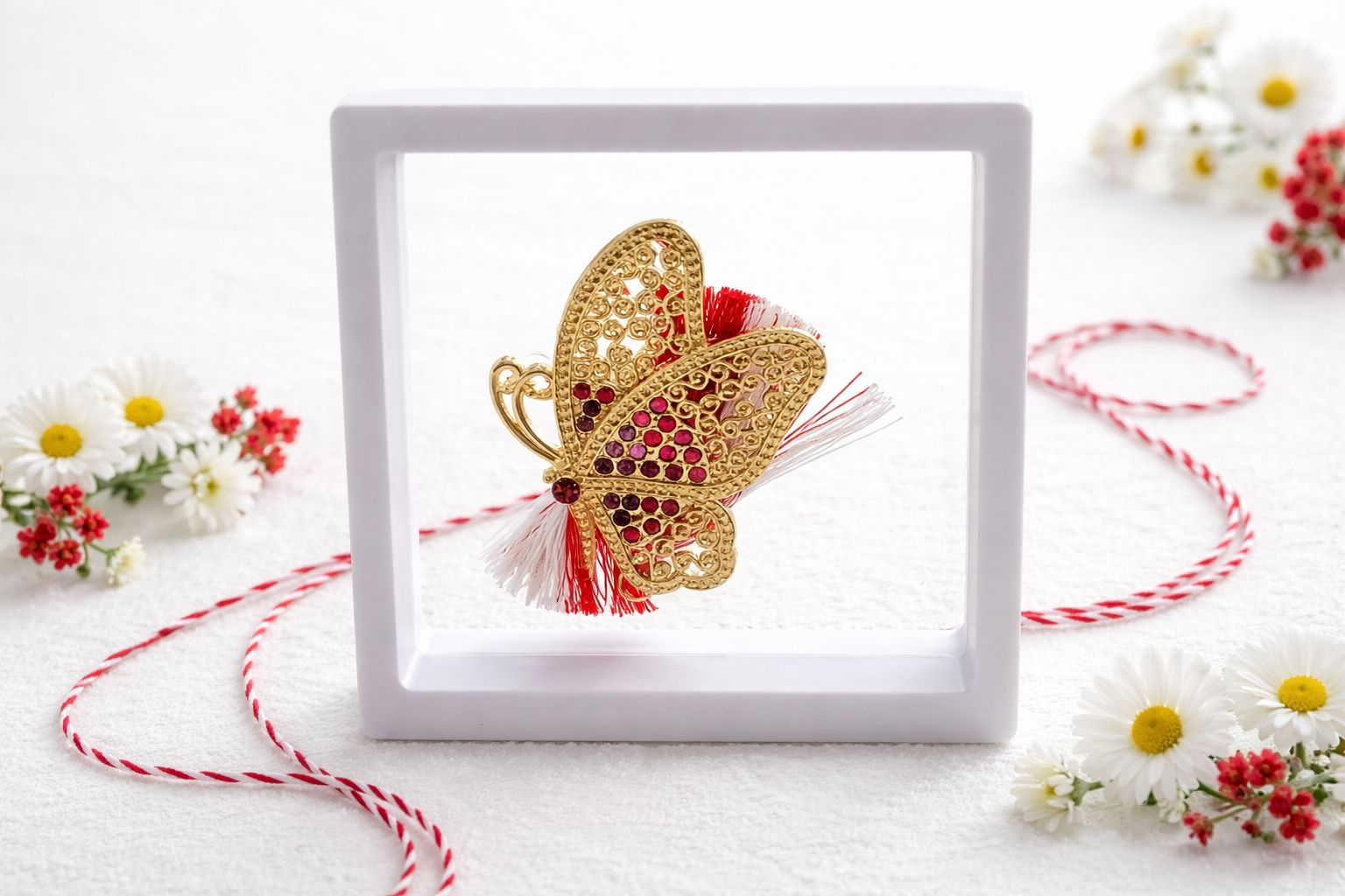 Brosa Martisor 5 cm, Fluture auriu cu cristale, in cutie 9x9 cm cu fereastra, cadou 1 Martie