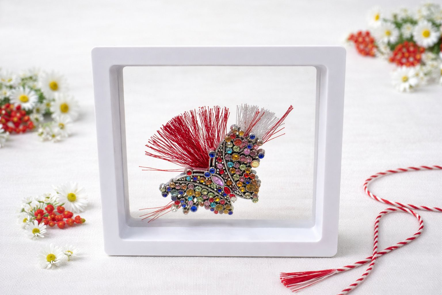 Brosa Martisor 5 cm, Fluture cu cristale, in cutie 9x9 cm cu fereastra, cadou 1 Martie [1]