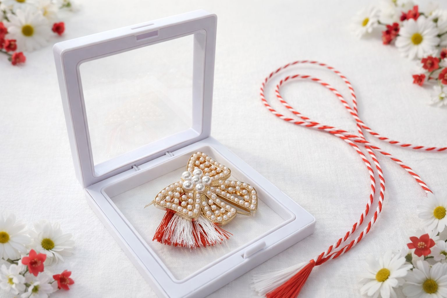 Brosa Martisor 5 cm, Funda cu cristale, in cutie 9x9 cm cu fereastra, cadou 1 Martie [1]