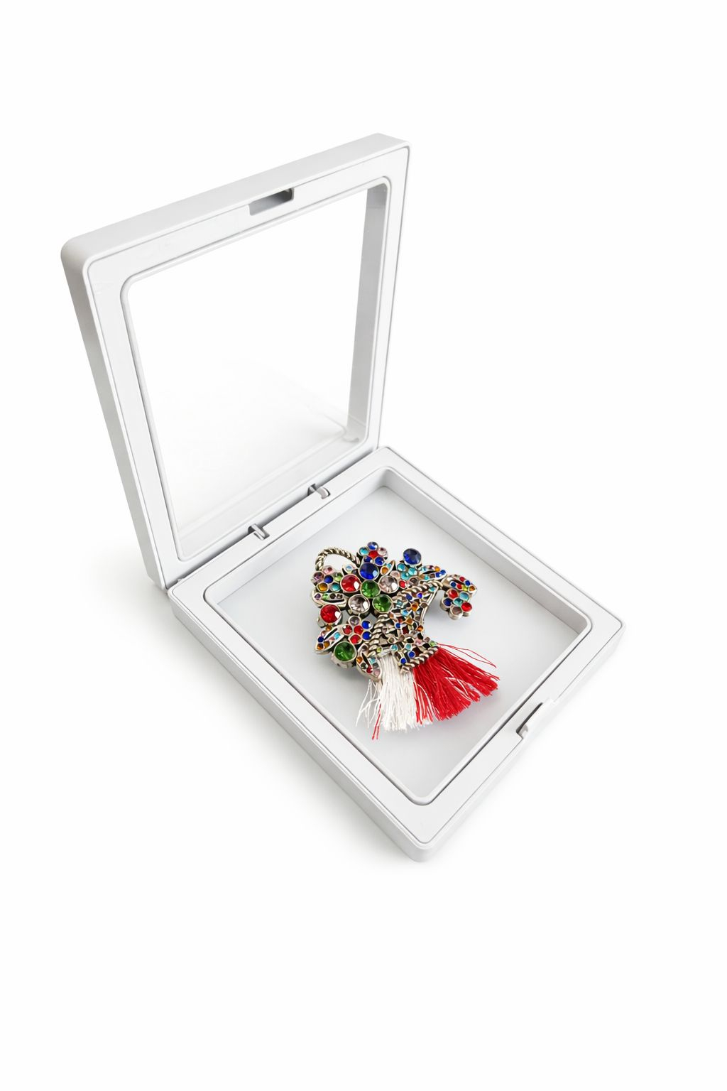 Brosa Martisor 5 cm, Geanta de flori cu cristale, in cutie 9x9 cm cu fereastra, cadou 1 Martie [1]