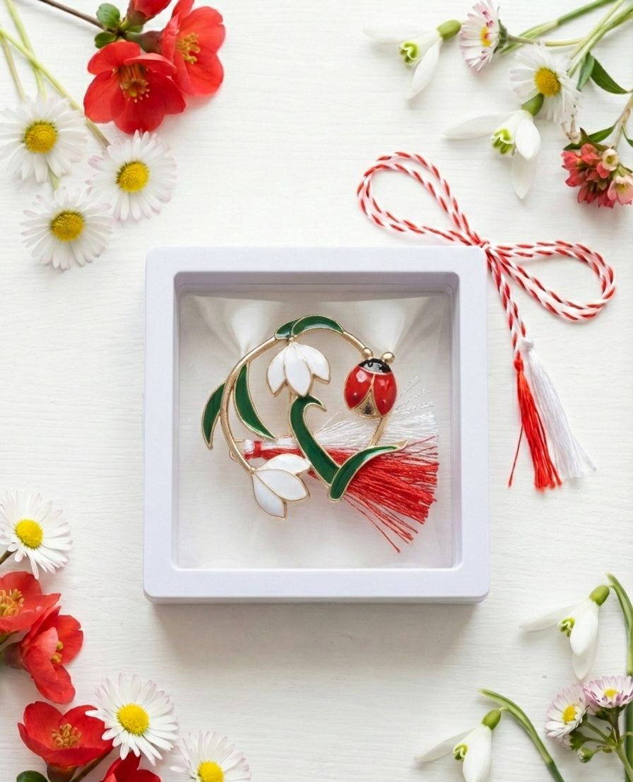 Brosa Martisor 5 cm, Ghiocei cu buburuza, in cutie 9x9 cm cu fereastra, cadou 1 Martie