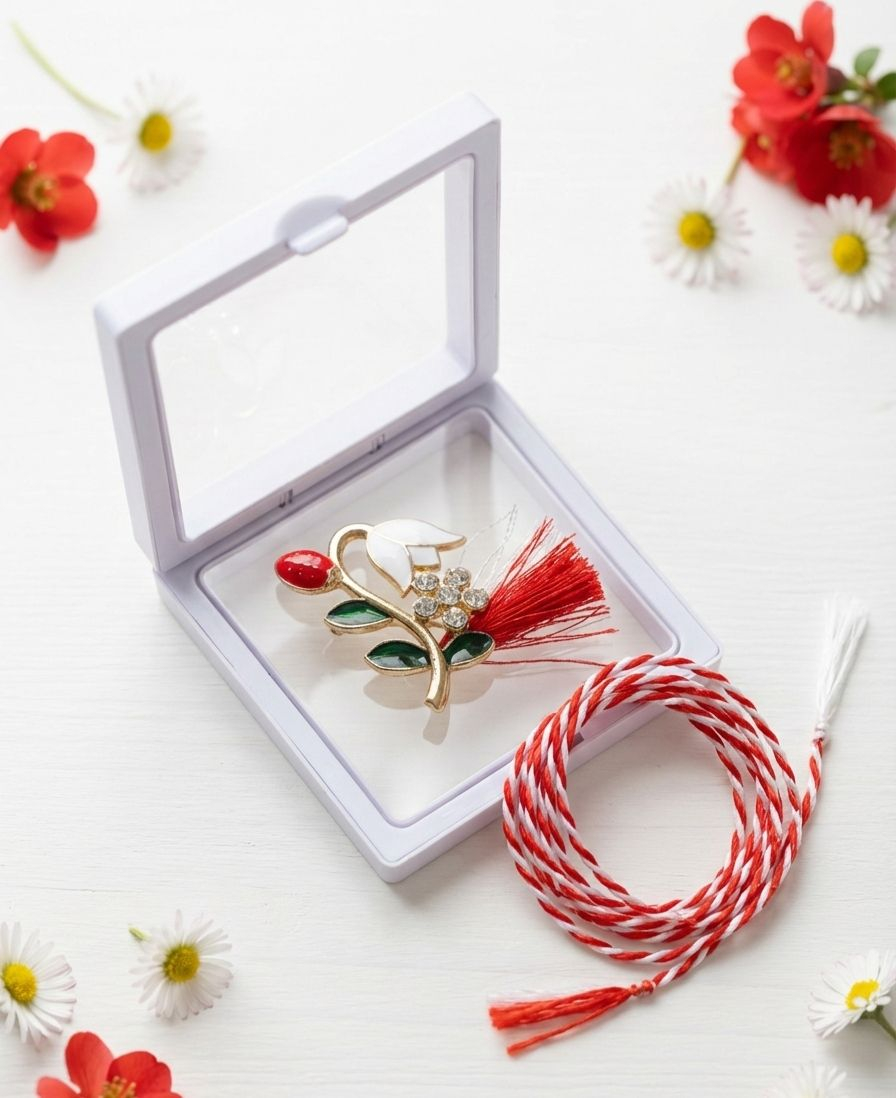 Brosa Martisor 5 cm, Ghiocel cu buburuza, in cutie 9x9 cm cu fereastra, cadou 1 Martie