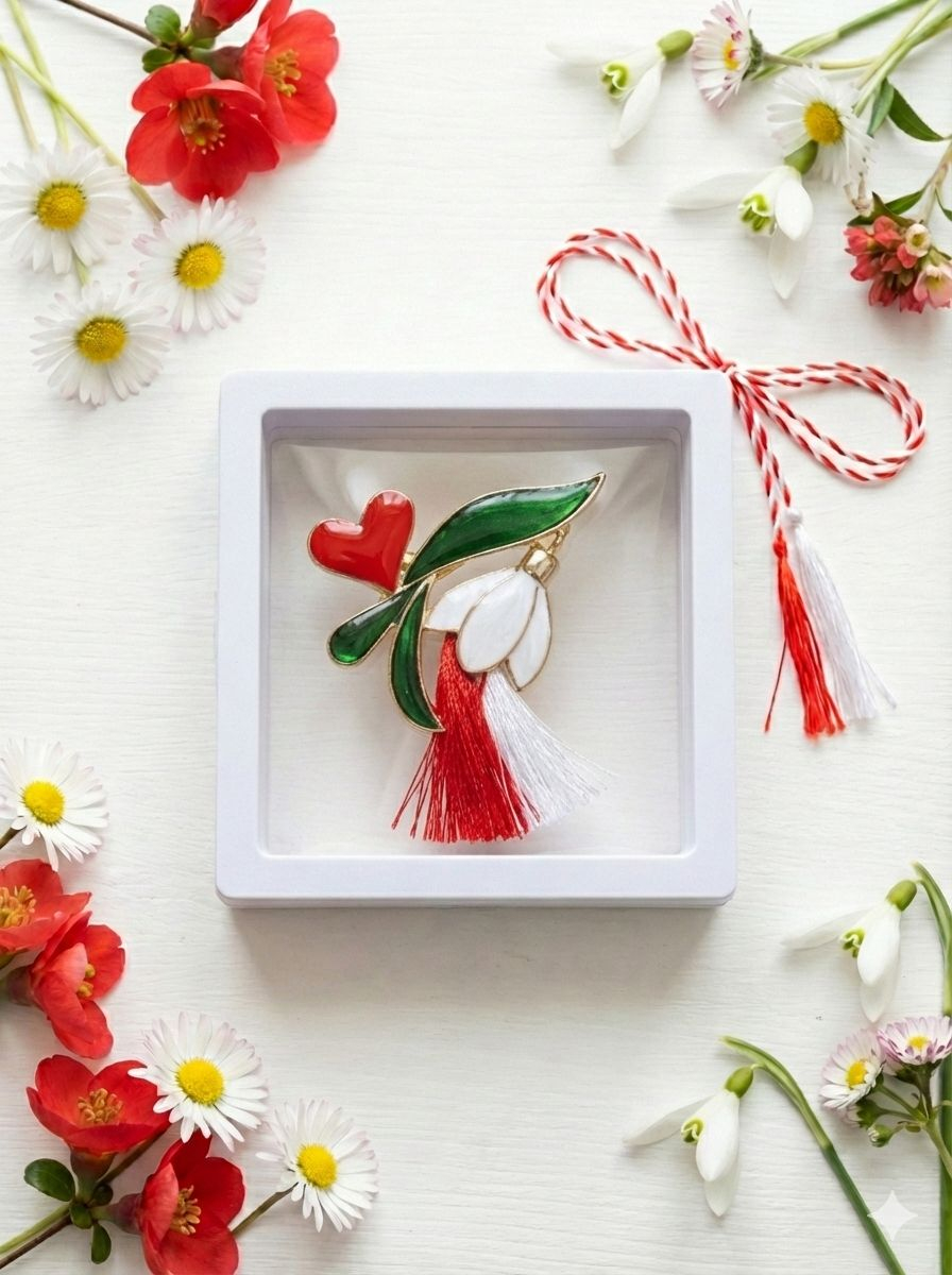 Brosa Martisor 5 cm, Ghiocel cu inima, in cutie 9x9 cm cu fereastra, cadou 1 Martie