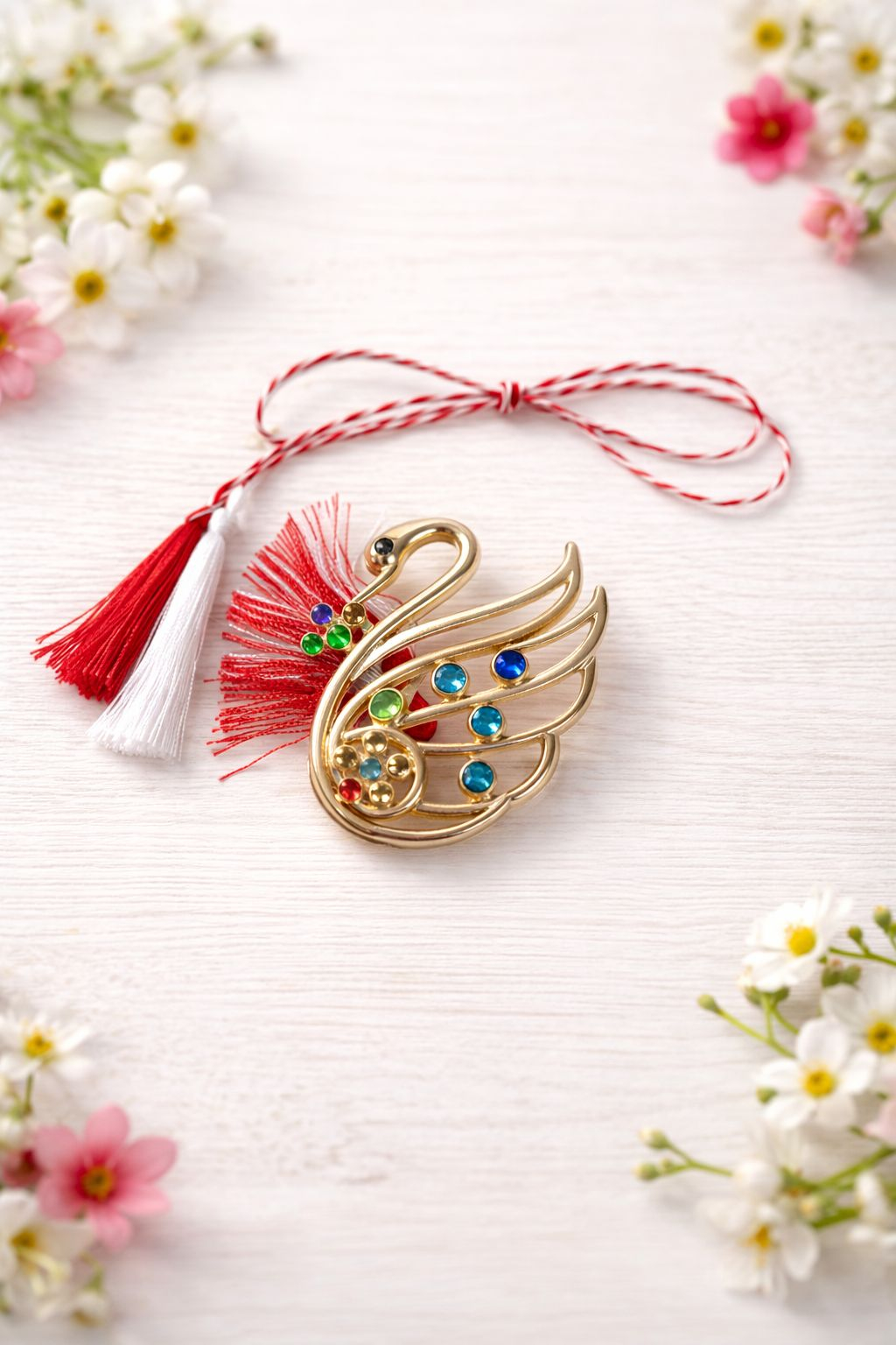 Brosa Martisor 5 cm, Lebada aurie cu cristale, in cutie 9x9 cm cu fereastra, cadou 1 Martie [2]