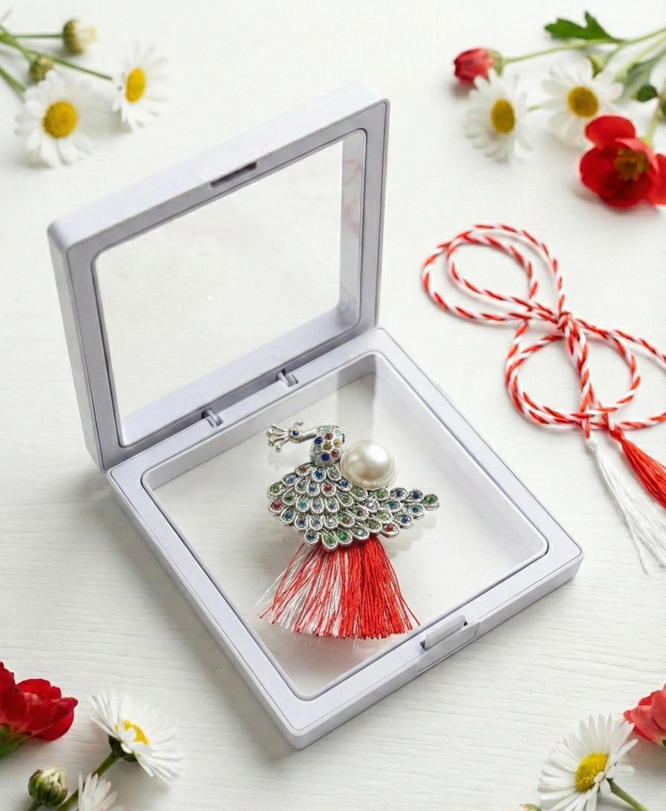 Brosa Martisor 5 cm, Paun cu cristale, in cutie 9x9 cm cu fereastra, cadou 1 Martie [2]