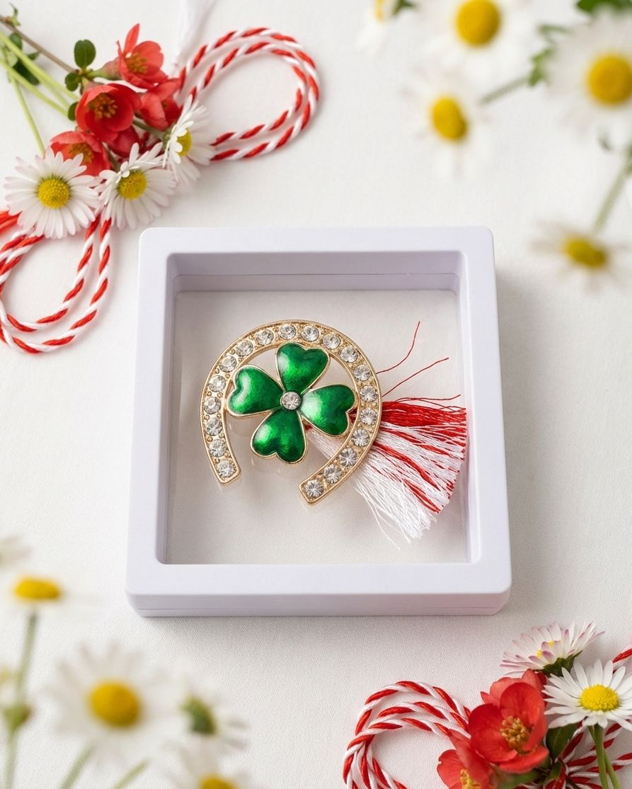 Brosa Martisor 5 cm, Trifoi cu potcoava, in cutie 9x9 cm cu fereastra, cadou 1 Martie