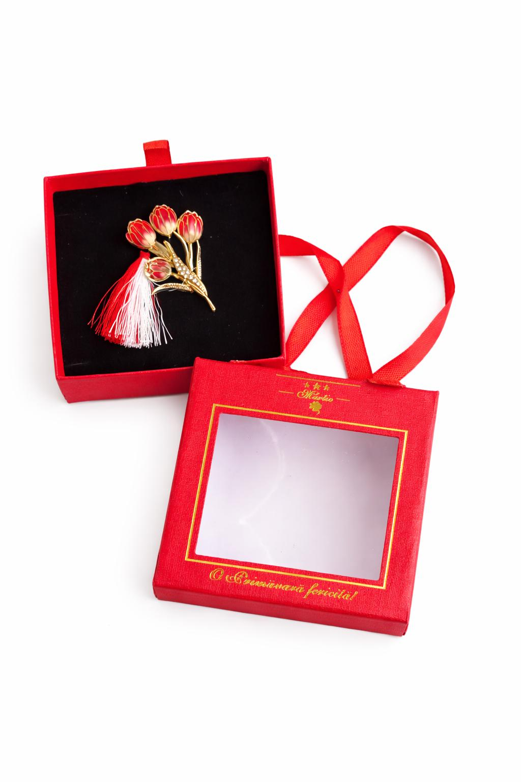 Brosa Martisor 5cm, buchet lalele, in cutie gentuta 7x7 cm cu fereastra, cadou 1 Martie [1]