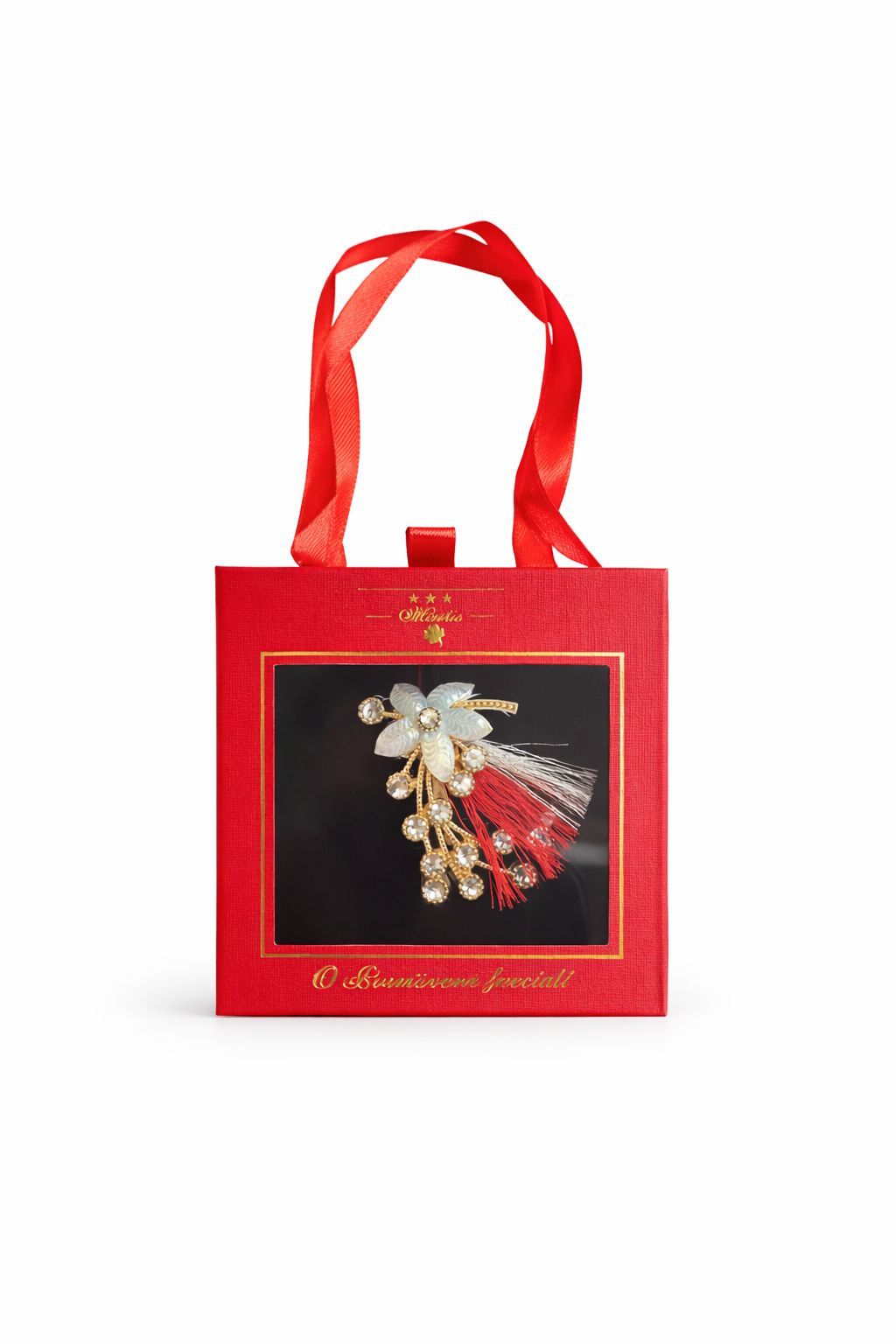 Brosa Martisor 5cm, Floare cu strasuri, in cutie gentuta 7x7 cm cu fereastra, cadou 1 Martie [1]