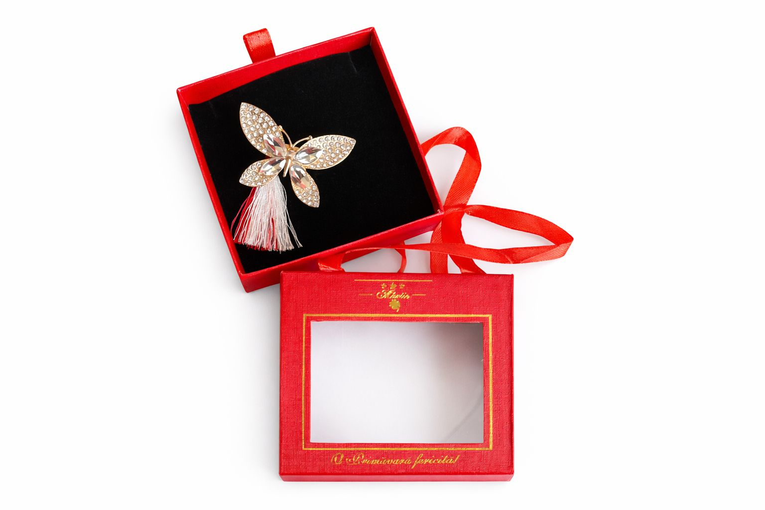 Brosa Martisor 5cm, Fluture auriu, in cutie gentuta 7x7 cm cu fereastra, cadou 1 Martie [2]