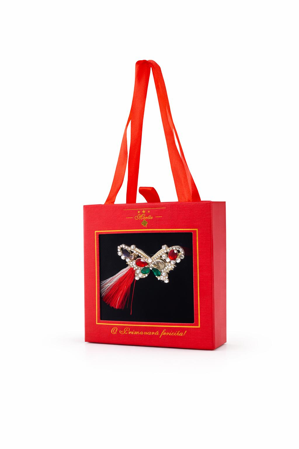 Brosa Martisor 5cm, Fluture multicolor, in cutie gentuta 7x7 cm cu fereastra, cadou 1 Martie [2]