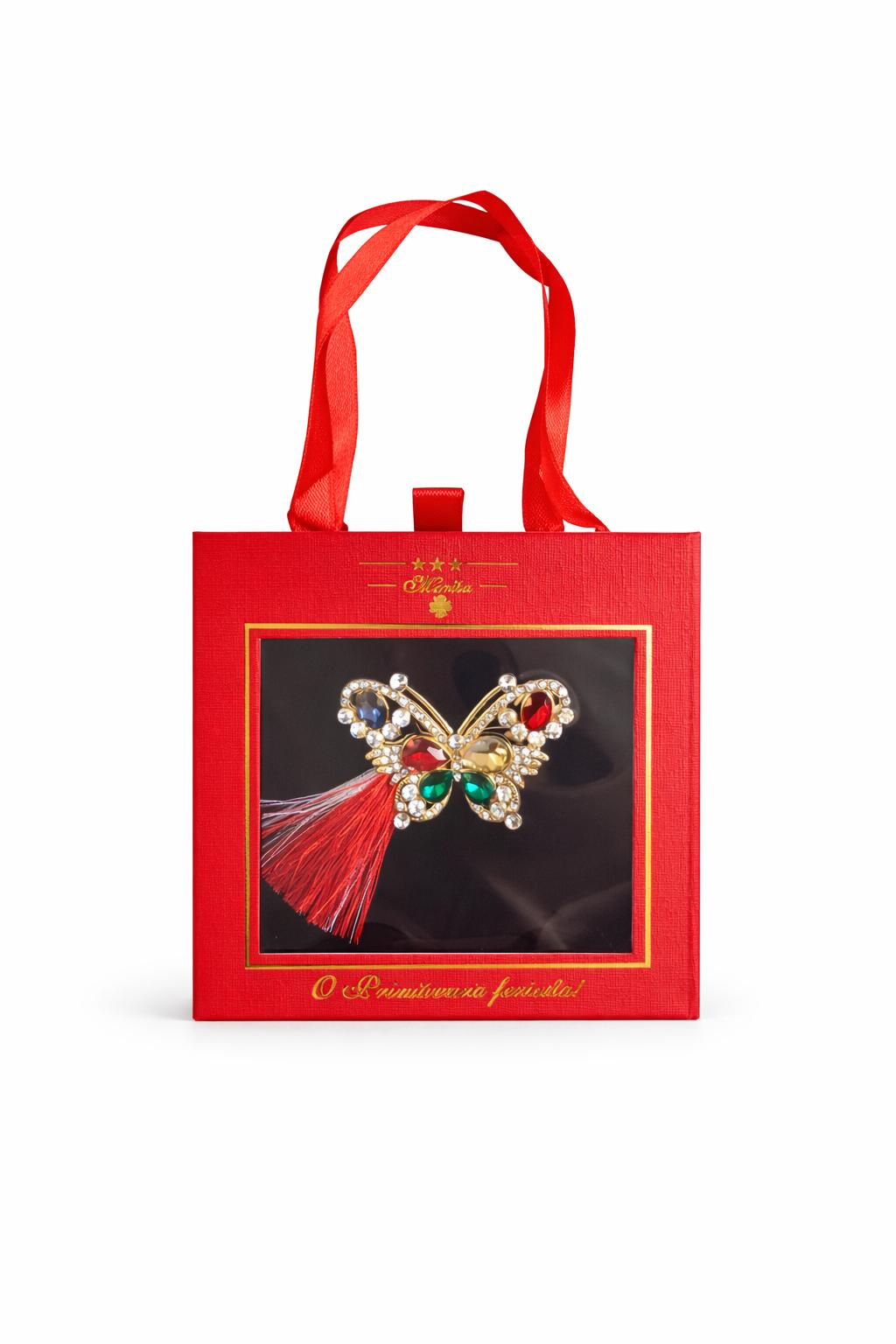 Brosa Martisor 5cm, Fluture multicolor, in cutie gentuta 7x7 cm cu fereastra, cadou 1 Martie [0]