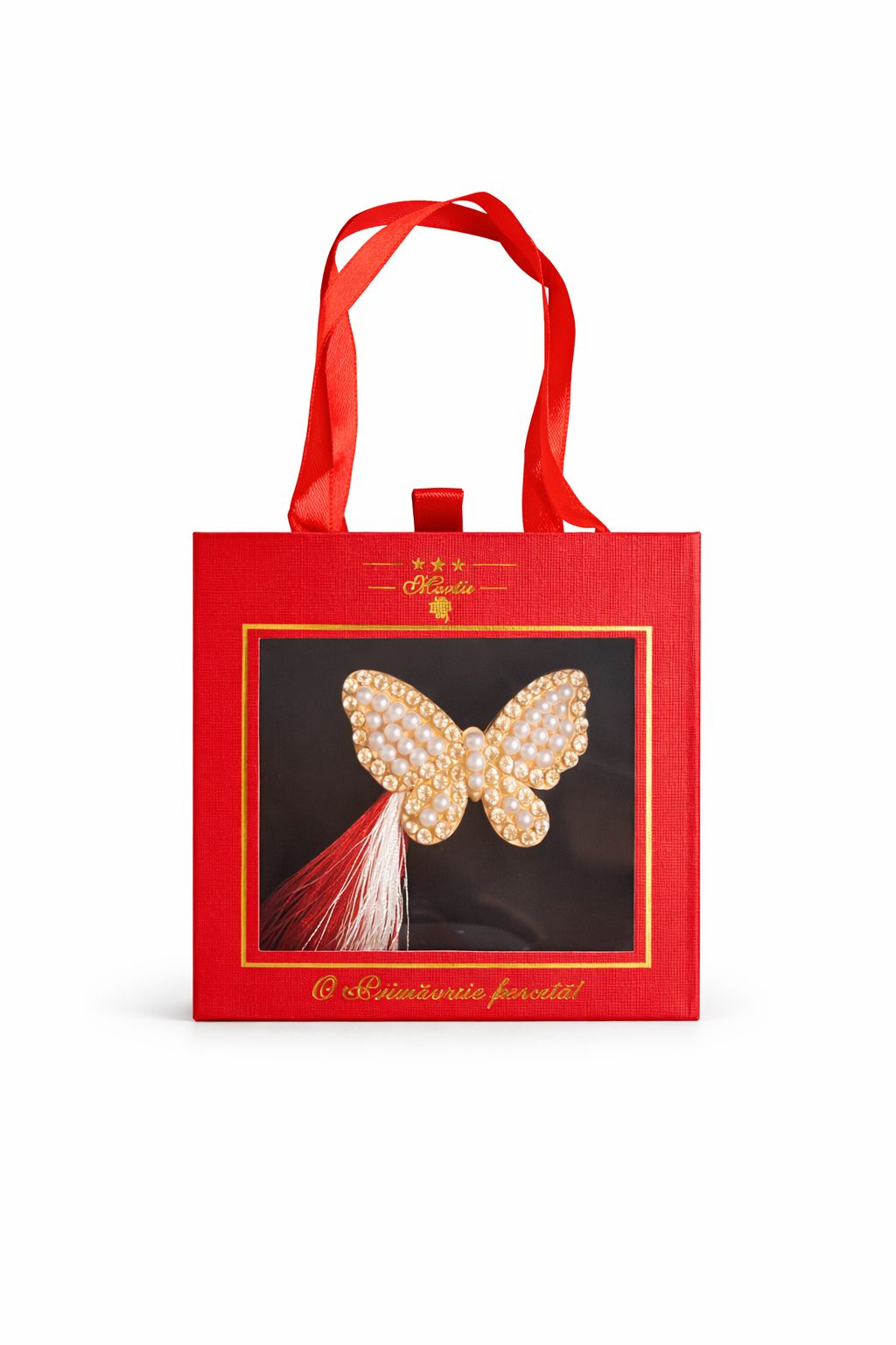 Brosa Martisor 5cm, Fluture pretios, in cutie gentuta 7x7 cm cu fereastra, cadou 1 Martie [1]