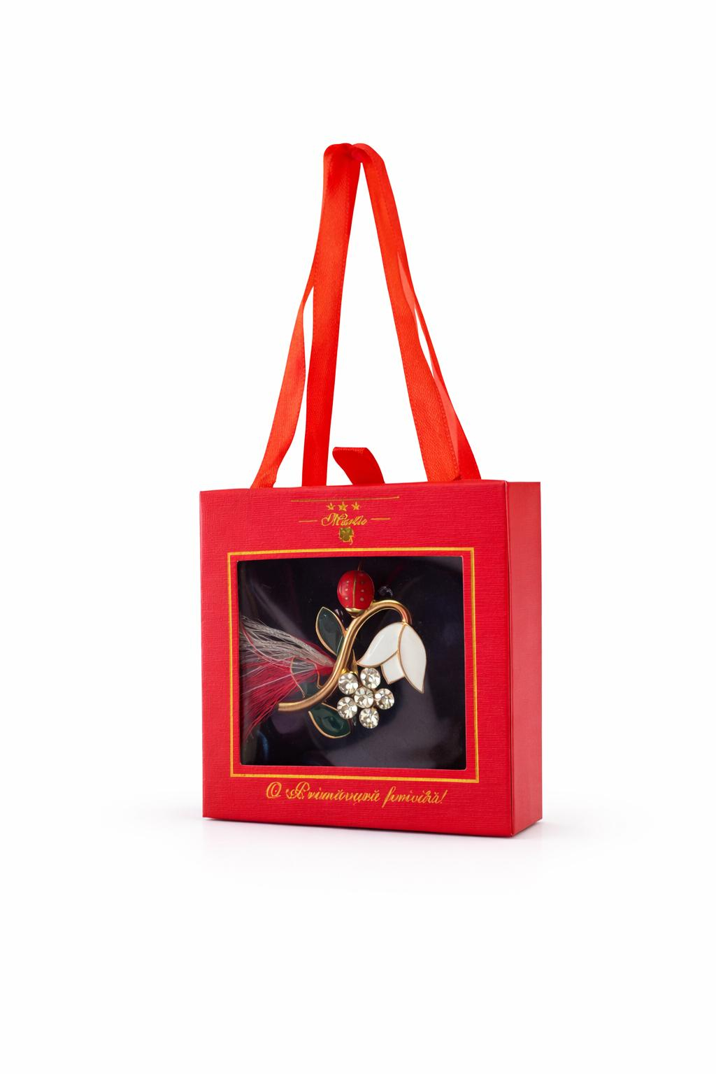 Brosa Martisor 5cm, Ghiocel cu buburuza, in cutie gentuta 7x7 cm cu fereastra, cadou 1 Martie [1]