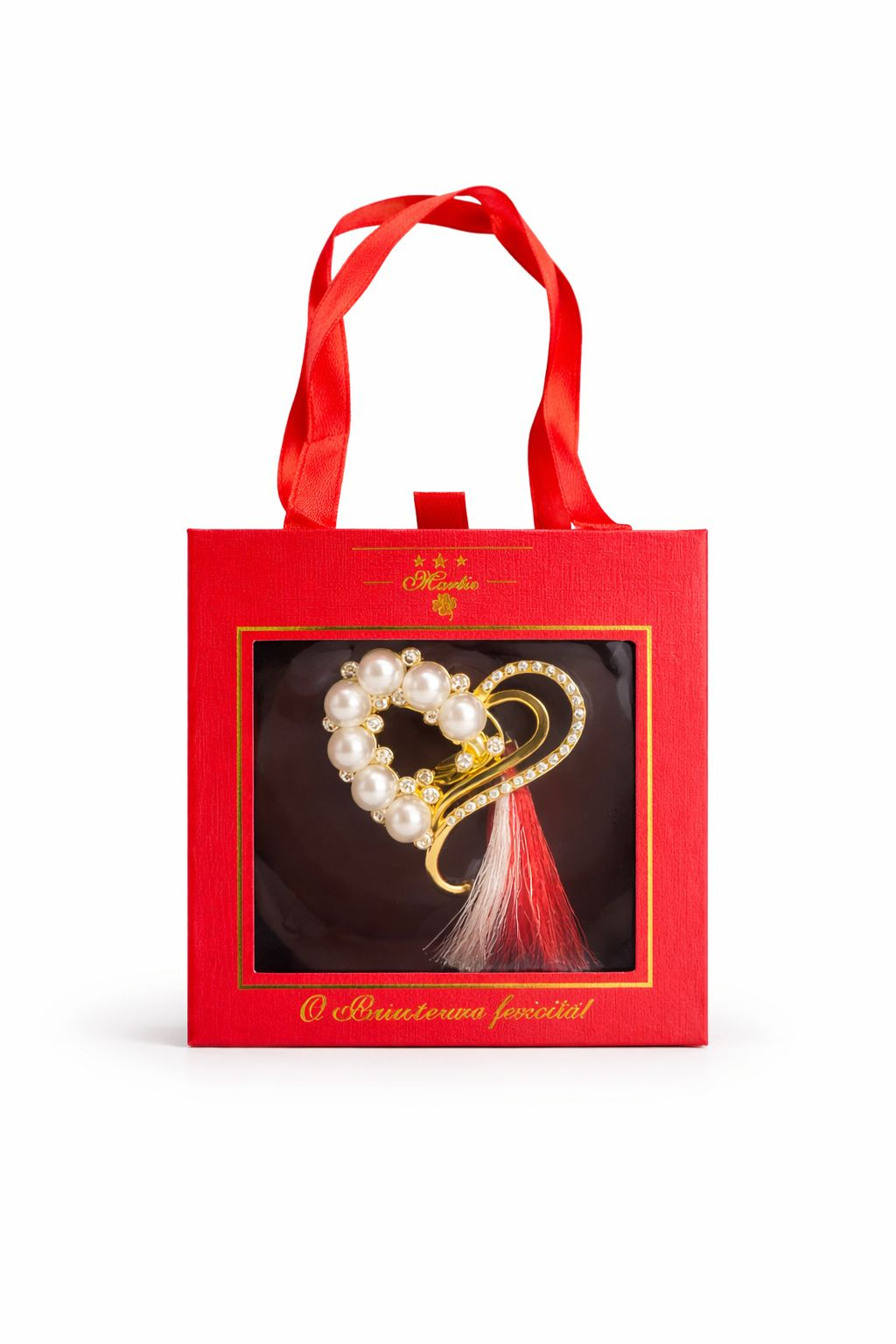 Brosa Martisor 5cm, Inima cu perle, in cutie gentuta 7x7 cm cu fereastra, cadou 1 Martie [1]